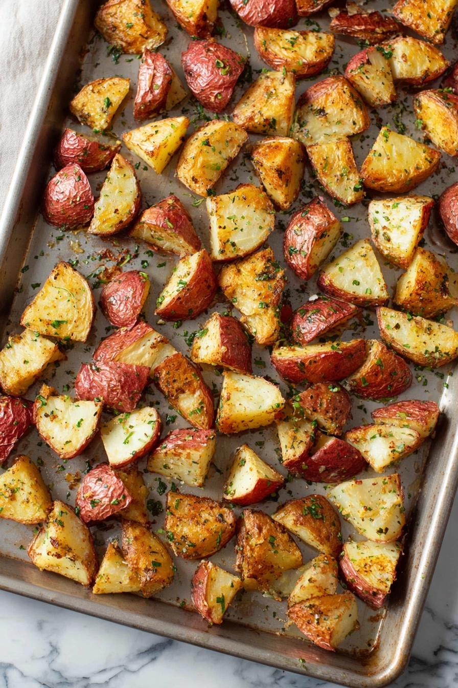 Garlic Parmesan Roasted Potatoes, crispy roasted potatoes with garlic and parmesan, easy garlic parmesan potatoes, savory roasted potato side dish, homemade roasted potato recipe - The dish shows many pieces of roasted red potatoes on a white plate. Each piece is cut into chunks with red skin on parts, and the inside is soft and pale yellow. The potato pieces have a crispy golden brown edge with small black pepper spots for seasoning. There is a sprinkle of fresh green herbs on top, adding a bright color contrast and a fresh look. The white plate sits on a white marbled texture surface. photo taken with an iphone --ar 2:3 --v 7