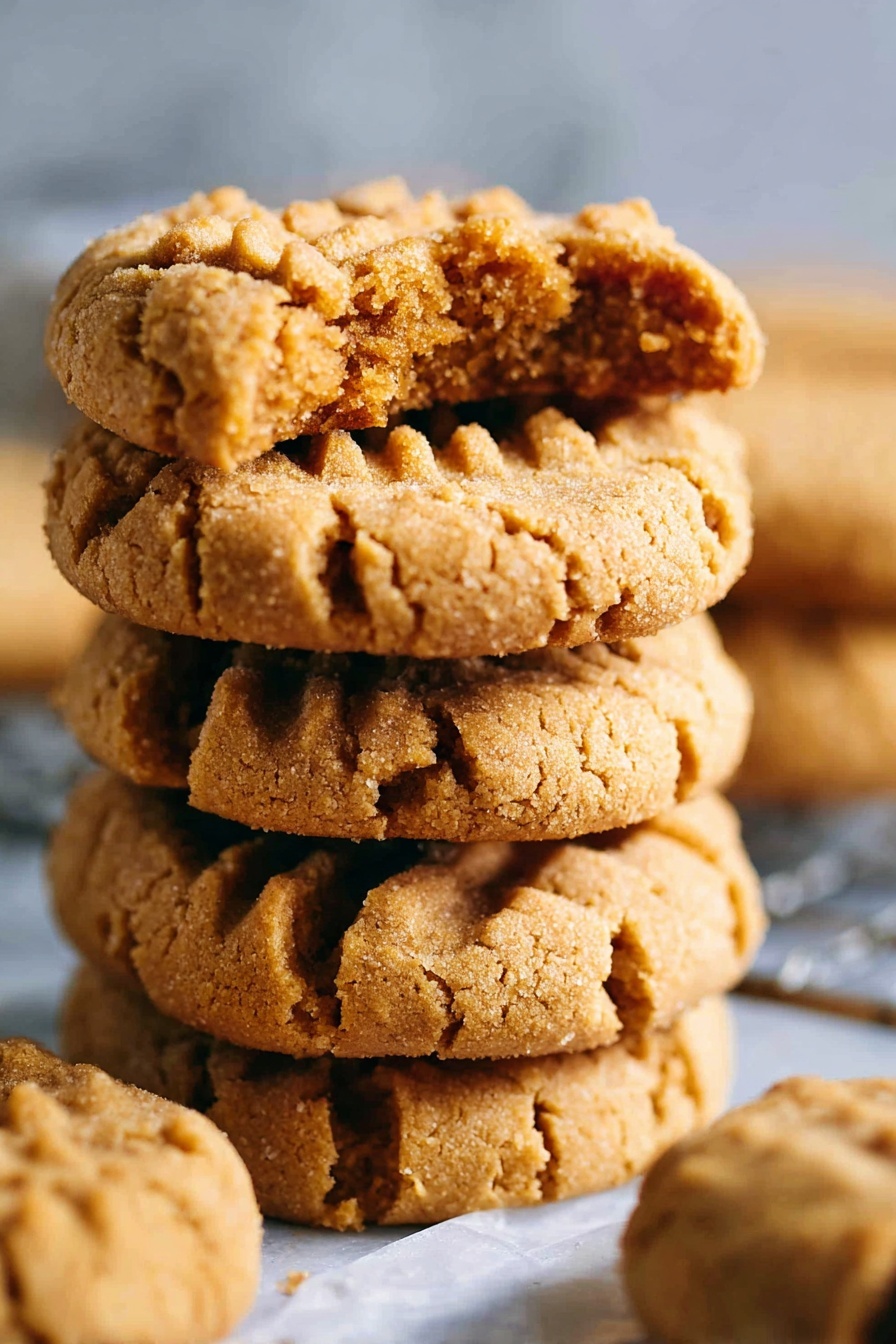 Easy Soft Peanut Butter Cookies, soft peanut butter cookies, homemade peanut butter cookies, simple peanut butter cookie recipe, quick peanut butter treats - A pile of round peanut butter cookies with crisscross fork marks on top is placed on a silver wire cooling rack. The cookies are golden-brown with a slightly rough texture from the sugar coating. The cooling rack sits on a white marbled surface, and a few cookies are scattered outside the rack. The arrangement shows the cookies stacked over each other, creating depth and a cozy, homemade feel. photo taken with an iphone --ar 2:3 --v 7