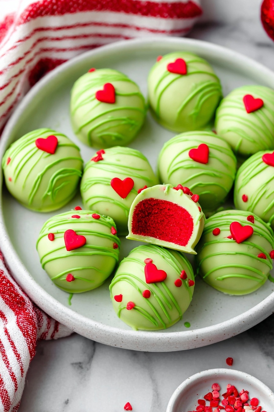 Grinch Oreo Balls, festive holiday treats, Christmas no-bake desserts, fun holiday snacks, green Oreo ball recipes - The image shows a metal baking tray lined with white parchment paper, filled with round desserts coated in smooth, bright green icing. There are 20 pieces arranged in a grid, some topped with small flat red heart-shaped decorations, and others decorated with thin green icing drizzles and tiny red dot sprinkles. The tray rests on a white marbled surface partially covered by a red beaded garland and a white and red striped cloth. photo taken with an iphone --ar 2:3 --v 7