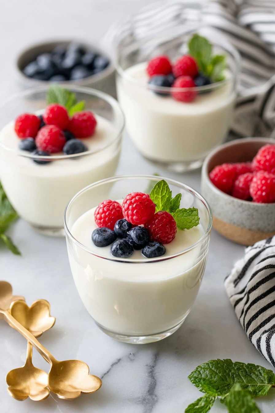 Swedish Cream with Berries, Swedish Cream with Berries recipe, easy Swedish dessert, fresh berry desserts, light creamy dessert - A clear glass cup filled with a smooth, white creamy dessert forms the base layer, topped with a small cluster of fresh red raspberries and dark blue blueberries arranged on one side, along with a bright green mint leaf for color contrast. A golden spoon rests inside the cup, slightly scooping into the creamy dessert, showing its thick and soft texture. The cup is placed on a white marbled surface with a blurred gray striped cloth in the background and hints of golden and green elements around it. photo taken with an iphone --ar 2:3 --v 7