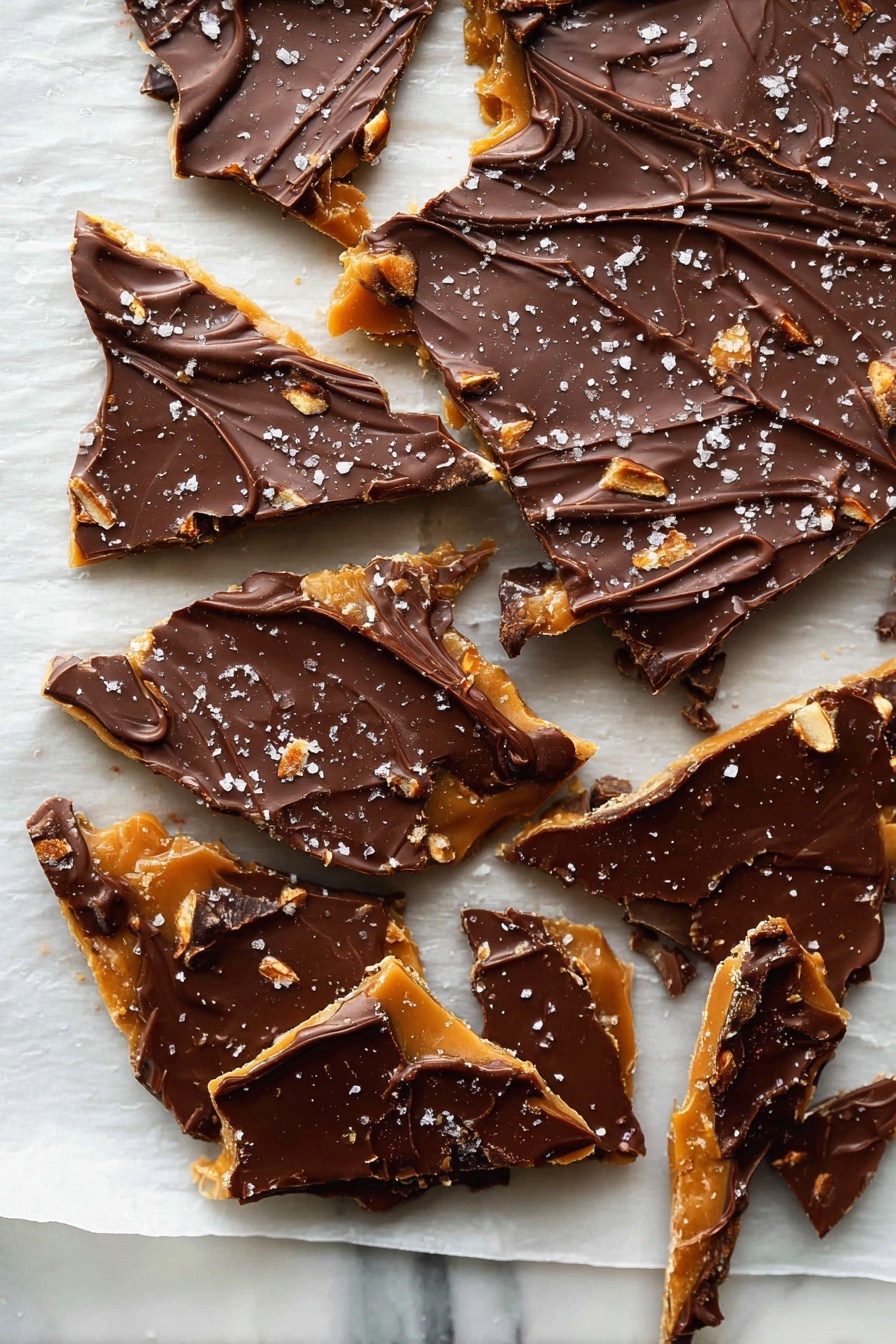 Chocolate Pretzel Crack Topper, salty sweet snack, easy holiday treats, crunchy chocolate desserts, no-bake dessert recipes - The image shows several pieces of chocolate toffee bark broken into irregular shapes arranged on white parchment paper on a white marbled surface. The bark has two visible layers: a golden caramel toffee base with a rough, crunchy texture and a smooth dark chocolate layer on top that appears glossy with slight swirls. Small bits of toffee and nuts are visible within the chocolate layer, and the bark is sprinkled with coarse sea salt crystals that add a sparkling contrast. The pieces vary in size and shape, from large chunks to tiny fragments, arranged casually to cover most of the parchment paper surface. photo taken with an iphone --ar 2:3 --v 7