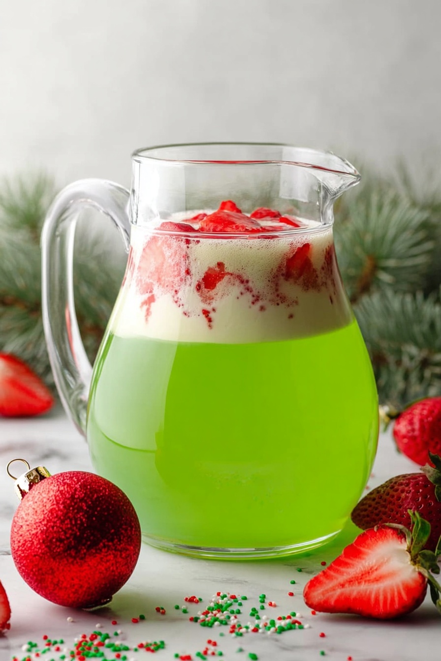 Grinch Punch Lime Sherbet festive holiday drink party punch bright green holiday beverage - The image shows a clear glass pitcher filled with a bright green liquid, which forms the bottom layer. On top of this green layer, there is a white creamy layer with pieces of red strawberries embedded in it. The pitcher is placed on a white marbled surface. Around the pitcher, there are whole and sliced strawberries, small colorful sprinkle dots, and a red Christmas ornament, contributing to a festive look. In the background, some green pine branches add to the holiday theme. Photo taken with an iphone --ar 2:3 --v 7