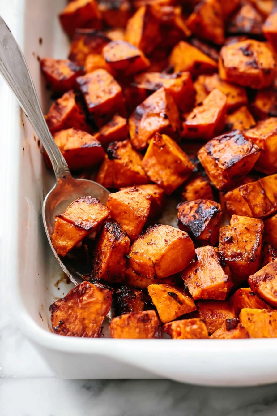 Honey Cinnamon Roasted Sweet Potatoes, roasted sweet potatoes, sweet potato side dish, cinnamon sweet potatoes, honey glazed sweet potatoes - The image shows many pieces of roasted sweet potatoes spread out evenly on a baking tray. Each piece is cut into thick, irregular chunks with a golden-orange color that is deepened by a coating of spices and oil, giving them a shiny and slightly crispy texture on the outside. The pieces have a mix of flat and curved surfaces, some showing charred edges that add a rich, darker brown tone. The background is a close-up of the dark metal tray holding the sweet potatoes. photo taken with an iphone --ar 2:3 --v 7
