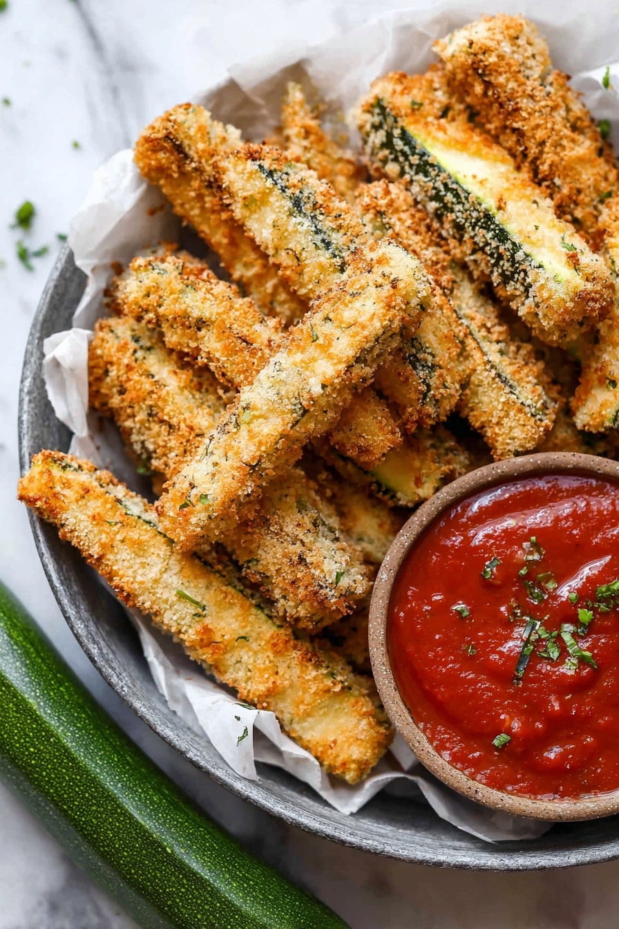 Baked Zucchini Fries with Parmesan, healthy zucchini fries, crispy baked zucchini, Parmesan zucchini snack, Italian seasoned zucchini fries - A metal pan lined with white parchment paper holds around twelve golden-brown, crispy zucchini fries stacked unevenly, showing a crunchy breadcrumb coating speckled with green herbs and black pepper. One of the fries is slightly angled on top, revealing the soft light green zucchini inside. To the right side of the pan, there is a small round bowl filled with thick red tomato sauce, sprinkled with small green herb pieces. The pan sits on a white marbled surface with a fresh green zucchini placed in the bottom left corner photo taken with an iphone --ar 2:3 --v 7