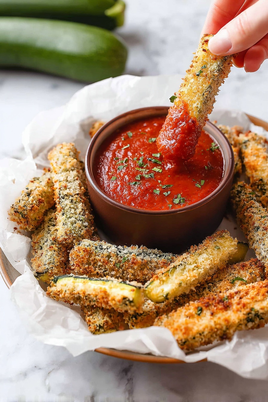 Baked Zucchini Fries with Parmesan, healthy zucchini fries, crispy baked zucchini, Parmesan zucchini snack, Italian seasoned zucchini fries - A white plate lined with crumpled white parchment paper holds several golden, crispy zucchini sticks coated with a crunchy breadcrumb and herb mix, arranged around a small brown bowl filled with thick, bright red marinara sauce sprinkled with green herbs. A woman's hand is dipping one zucchini stick into the sauce, showing the textured coating and rich sauce clinging to the stick. In the background, two whole green zucchinis rest on a smooth white marbled surface. photo taken with an iphone --ar 2:3 --v 7