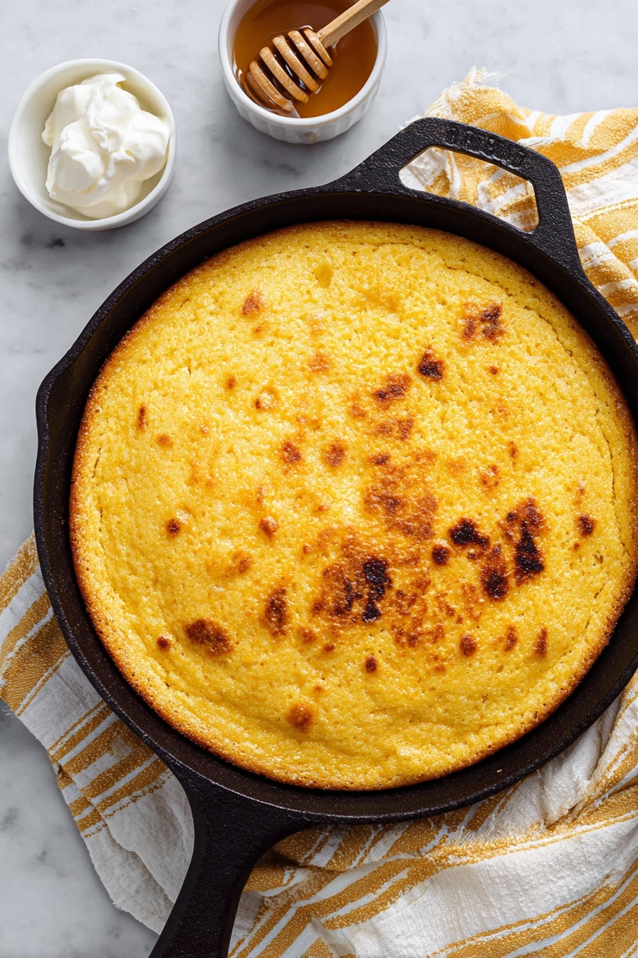 Cast Iron Honey Spoon Bread, honey spoon bread recipe, rustic spoon bread, fluffy sweet cornmeal bread, easy breakfast casserole - A golden yellow cornbread with a rough, crumbly texture sits in a dark pan, with one piece being lifted by a dark wooden spoon from the right side. The cornbread has a slightly uneven, puffed surface with small cracks and a soft interior that looks light and airy. The background shows a white marbled texture beneath the pan and a soft-focused white-striped cloth underneath. Photo taken with an iphone --ar 2:3 --v 7