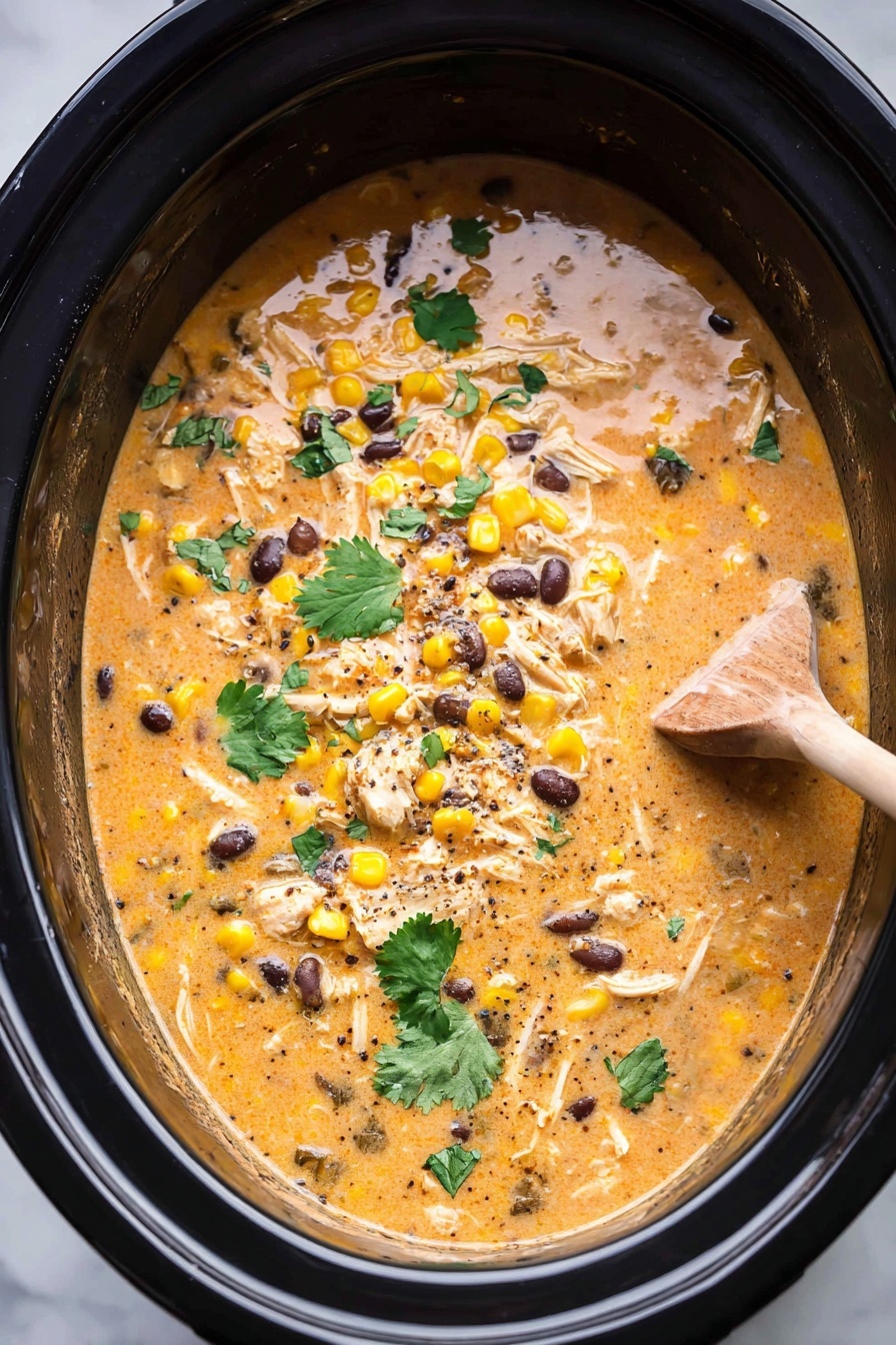 Slow Cooker Chicken Fajita Soup, Easy Chicken Fajita Soup, Tex-Mex Chicken Soup, Crockpot Fajita Soup, Healthy Chicken Fajita Meal - A bowl of creamy soup filled with yellow corn kernels, black beans, and shredded chicken in a light orange broth spread evenly in the bowl. On top, there are thin crispy tortilla strips sprinkled with black pepper, diced red tomatoes, green peppers, and purple onions placed near the center. A metal spoon is lifting a scoop of the soup, showing shredded chicken, corn, and beans close-up. A green lime wedge rests on the side of the white bowl on a white marbled surface. Photo taken with an iphone --ar 2:3 --v 7