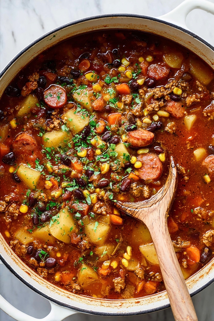 Texas Cowboy Stew, hearty cowboy stew, smoky beef stew, classic Texas recipes, easy one-pot stew - A white bowl filled with a thick soup that has several layers of ingredients. The base layer is a dark, rich broth. Floating in the soup are sliced light brown sausage pieces, yellow corn kernels, and small beige beans. There are chunks of pale yellow potato and bits of cooked ground meat spread throughout. Small green herbs are sprinkled on top for color. A piece of golden cornbread rests at the edge of the bowl, partially in the soup. A silver spoon is inside the bowl, lifting some of the soup. The bowl sits on a white marbled surface. Photo taken with an iphone --ar 2:3 --v 7