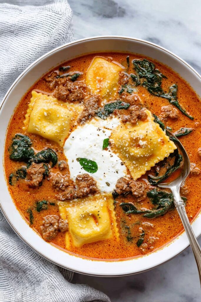 Cheesy Ravioli Soup with Spinach Recipe