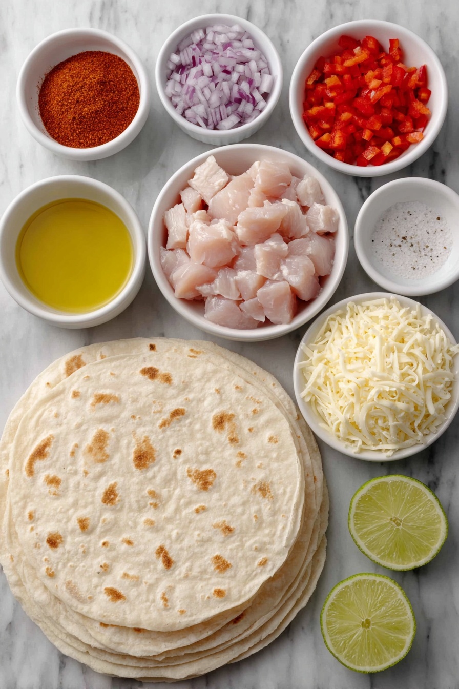 Chicken and Cheese Quesadillas, easy chicken quesadilla recipe, cheesy chicken quesadillas, quick chicken quesadillas, best chicken quesadillas - Flat lay of diced raw boneless skinless chicken breasts, two small heaps of ground chili powder and ground cumin, a small pile of coarse salt and freshly ground black pepper, a small white ceramic bowl with golden olive oil, chopped red and green bell peppers mixed together, chopped red onion, two whole garlic cloves, a small white bowl with fresh lime juice, six stacked plain flour tortillas, a small white bowl with melted butter, a small mound of shredded cheddar cheese, a small mound of shredded Monterey Jack cheese placed symmetrically, all ingredients fresh and natural, no packaging, no duplicates, no utensils, no bottles, perfectly balanced and symmetrical layout, placed on a clean white marble surface, soft natural light, photo taken with an iPhone, professional food photography style, fresh ingredients, white ceramic bowls, no bottles, no duplicates, no utensils, no packaging --ar 2:3 --v 7 --p m7354615311229779997