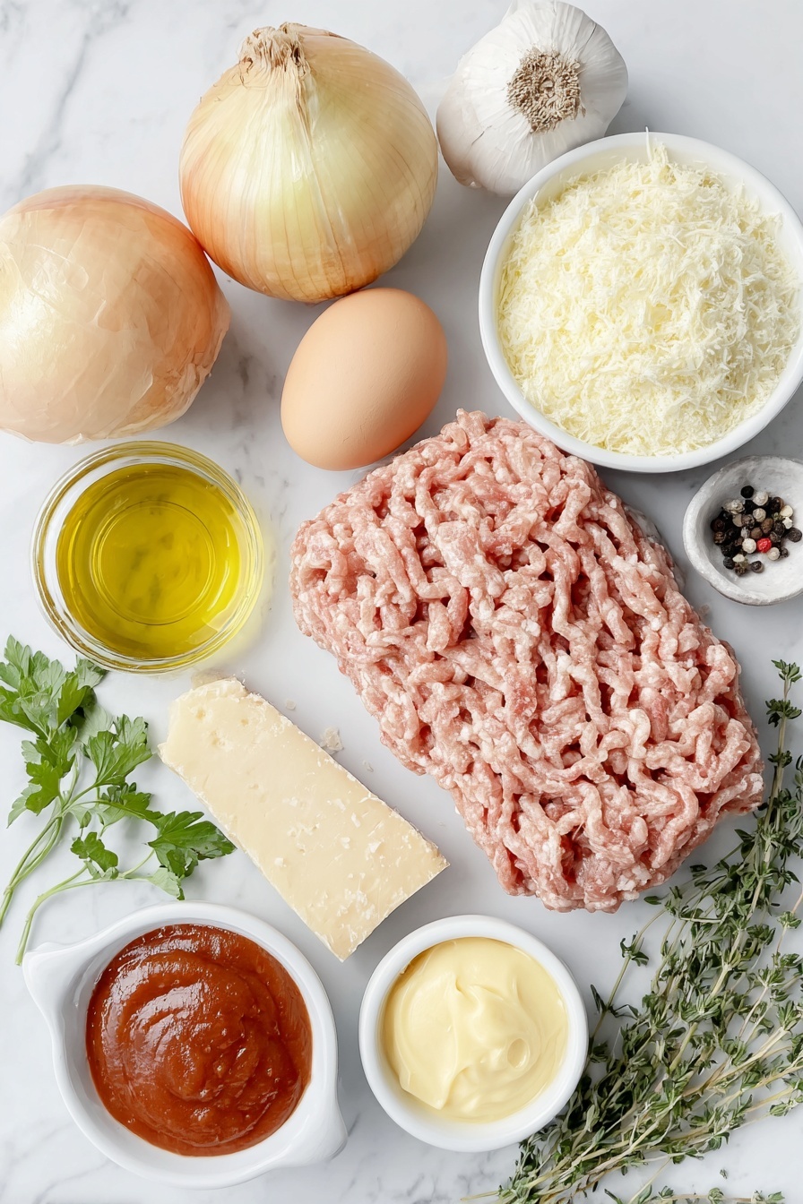 Turkey Meatloaf with Parmesan, healthy turkey meatloaf, easy meatloaf recipe, Parmesan meatloaf, lean ground turkey dinner - Flat lay of a medium yellow onion, three whole brown garlic cloves, a small mound of homemade bread crumbs, a few sprigs of fresh green parsley, a small pile of dried thyme leaves, a wedge of parmesan cheese with visible rind and texture, two whole clean brown eggs with uncracked shells, a simple mound of raw lean ground turkey, a few fresh black peppercorns, a small white ceramic bowl of golden olive oil, a small white ceramic bowl of light brown Worcestershire sauce, a small white ceramic bowl of bright red ketchup, a small white ceramic bowl of smooth pale yellow Dijon mustard, a small white ceramic bowl of clear light chicken broth, and a pinch of coarse salt crystals arranged symmetrically on a clean white marble surface, soft natural light, photo taken with an iPhone, professional food photography style, fresh ingredients, white ceramic bowls, no bottles, no duplicates, no utensils, no packaging --ar 2:3 --v 7 --p m7354615311229779997
