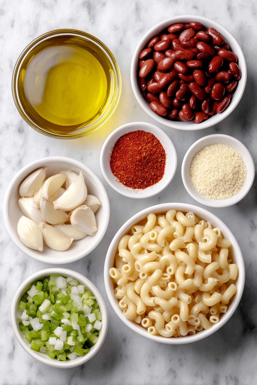 Chili Mac with Ground Beef and Cheddar, hearty chili mac recipe, easy beef pasta dinner, comforting ground beef casserole, cheesy chili mac dish - Flat lay of a small white ceramic bowl of golden olive oil, a small white ceramic bowl of peeled garlic cloves, a small white ceramic bowl of bright red chili powder, a small white ceramic bowl of ground cumin, a small white ceramic bowl of smoked paprika, a small white ceramic bowl of crushed ripe red tomatoes, a small white ceramic bowl of light golden chicken broth, a small white ceramic bowl of diced green chilies, a small white ceramic bowl of dark red kidney beans, a small white ceramic bowl of pale creamy half and half, a small white ceramic bowl of shredded sharp cheddar cheese, a small white ceramic bowl of coarsely chopped yellow onion, a small white ceramic bowl of chopped red bell pepper, a bundle of uncooked dry elbow macaroni, all arranged symmetrically on a clean white marble surface, soft natural light, photo taken with an iPhone, professional food photography style, fresh ingredients, white ceramic bowls, no bottles, no duplicates, no utensils, no packaging --ar 2:3 --v 7 --p m7354615311229779997