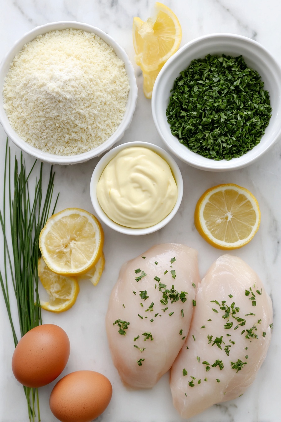 Crispy Chicken Schnitzel, crispy chicken schnitzel, golden chicken schnitzel, easy chicken schnitzel, best schnitzel recipe - Flat lay of fresh boneless skinless chicken breasts, a small mound of golden panko bread crumbs in a simple white ceramic bowl, a small white bowl filled with pale all-purpose flour, two whole uncracked brown eggs beside a small white bowl containing smooth pale yellow Dijon mustard mixed with a light sprinkle of garlic powder, a few sprigs of bright green fresh parsley, a small bunch of finely minced fresh chives, several fresh lemon wedges with vibrant yellow rind and juicy pulp, and a small white bowl holding light golden olive oil, all perfectly arranged in balanced symmetry placed on a clean white marble surface, soft natural light, photo taken with an iPhone, professional food photography style, fresh ingredients, white ceramic bowls, no bottles, no duplicates, no utensils, no packaging --ar 2:3 --v 7 --p m7354615311229779997