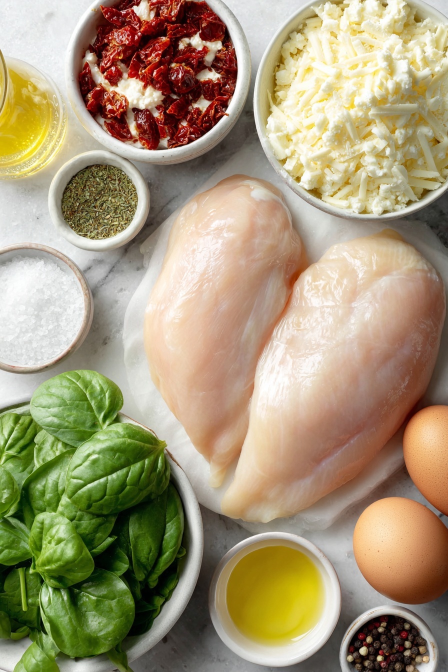 Stuffed Chicken Breast with Feta and Sun Dried Tomatoes, Chicken Breast Filling with Feta and Sun Dried Tomatoes, Easy Stuffed Chicken Recipes, Gourmet Chicken Dinner Ideas, Juicy Chicken Breast Stuffed with Feta - Flat lay of fresh boneless skinless chicken breasts, a small pile of vibrant baby spinach leaves, a small mound of crumbled white feta cheese, shredded creamy mozzarella cheese, a small white bowl with chopped sun dried tomatoes glistening with oil, a few fresh green basil leaves, a small white bowl filled with dried oregano, a small white bowl containing minced fresh garlic, a small white bowl with red pepper flakes, a small white bowl with golden olive oil, a small white bowl of warm clear water, two whole uncracked brown eggs, a small white bowl of coarse salt, a small white bowl of black peppercorns, all arranged symmetrically on a clean white marble surface, soft natural light, photo taken with an iPhone, professional food photography style, fresh ingredients, white ceramic bowls, no bottles, no duplicates, no utensils, no packaging --ar 2:3 --v 7 --p m7354615311229779997