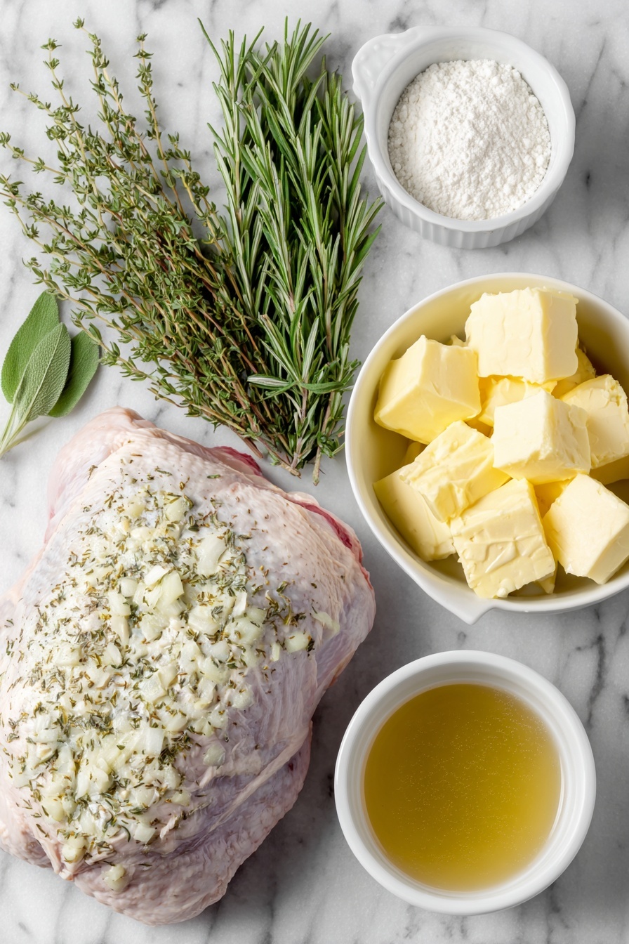 Juicy Roast Turkey Breast with Herb Butter, turkey breast with herb butter, moist turkey breast recipe, holiday turkey dinner, easy turkey breast roast - Flat lay of a whole bone-in skin-on turkey breast with fresh skin intact, a small white ceramic bowl of softened unsalted butter, a small white bowl containing minced garlic cloves, fresh thyme sprigs, fresh rosemary sprigs, fresh sage leaves, a large peeled yellow onion cut into chunks, a large peeled carrot cut into chunks, two celery ribs cut into chunks, a small white bowl of all-purpose flour, and a small white bowl filled with low-sodium chicken broth placed on a clean white marble surface, soft natural light, photo taken with an iPhone, professional food photography style, fresh ingredients, white ceramic bowls, no bottles, no duplicates, no utensils, no packaging --ar 2:3 --v 7 --p m7354615311229779997