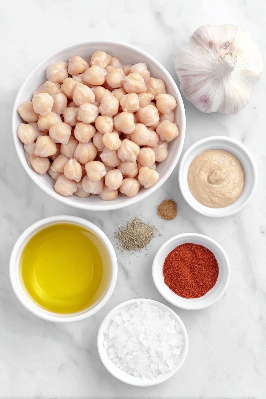 Creamy Chickpea Hummus, homemade hummus, easy vegan dip, healthy snack recipes, silky smooth hummus - Flat lay of a small heap of fresh, pale beige chickpeas, a small white ceramic bowl filled with golden extra virgin olive oil, a small white ceramic bowl with smooth, light tan tahini paste, a small white ceramic bowl containing bright yellow fresh lemon juice, a single plump garlic clove with its papery skin intact, a small white ceramic bowl of fine light brown ground cumin powder, a small white ceramic bowl holding a pinch of vibrant red paprika powder, a small white ceramic bowl with clear pale yellow chickpea cooking liquid, and a small white ceramic bowl of coarse white salt crystals, all arranged with perfect symmetry on a clean white marble surface, soft natural light, photo taken with an iPhone, professional food photography style, fresh ingredients, white ceramic bowls, no bottles, no duplicates, no utensils, no packaging --ar 2:3 --v 7 --p m7354615311229779997