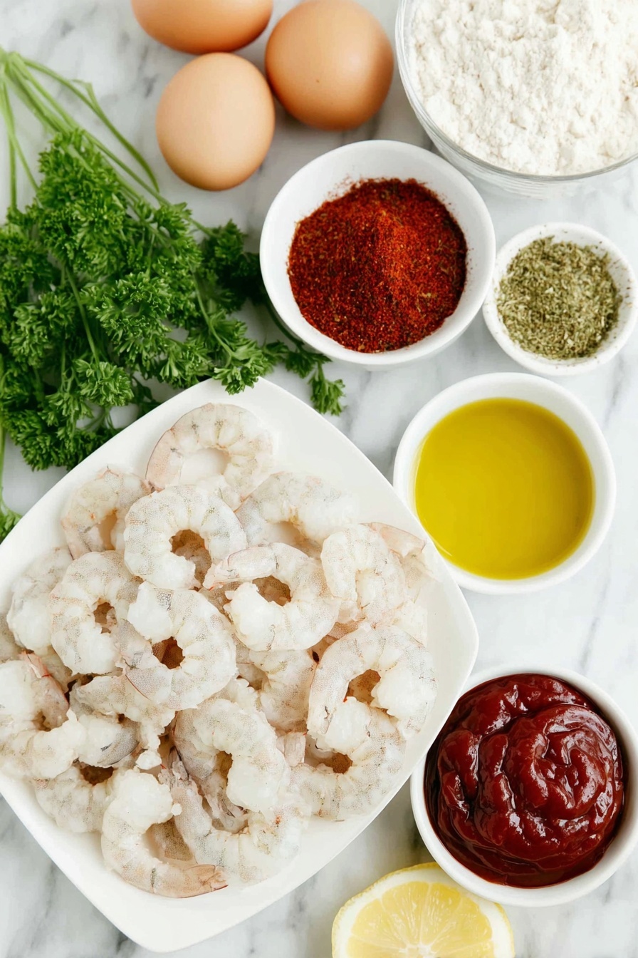 Crispy Panko Shrimp with Cocktail Sauce, shrimp appetizer, crispy shrimp recipe, homemade cocktail sauce, quick seafood dishes - Flat lay of peeled and deveined extra-large shrimp arranged neatly, a small mound of golden panko bread crumbs mixed with bright green dried parsley flakes in a simple white ceramic bowl, a small white bowl filled with all-purpose flour, another white bowl holding vibrant reddish paprika, fine garlic powder, and fresh black pepper mixed together, whole clean large brown eggs uncracked, a small white bowl with rich golden olive oil, a small white bowl of bright red ketchup combined with a touch of fresh lemon juice and creamy horseradish, and a small bunch of fresh green parsley sprigs, all placed on a clean white marble surface, soft natural light, photo taken with an iPhone, professional food photography style, fresh ingredients, white ceramic bowls, no bottles, no duplicates, no utensils, no packaging --ar 2:3 --v 7 --p m7354615311229779997