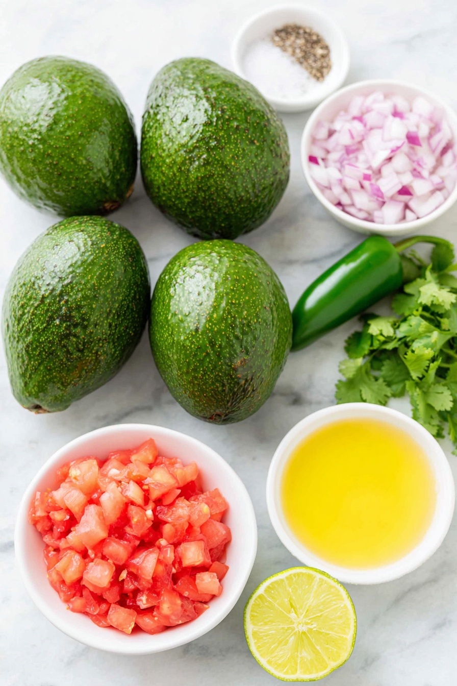 Homemade Guacamole with Fresh Avocados, how to make fresh guacamole, easy guacamole recipe, quick avocado dip, healthy homemade guacamole - Flat lay of four whole ripe Hass avocados, one small white ceramic bowl with finely chopped red onion, one large fresh Roma tomato diced, a few sprigs of bright green cilantro, one small fresh jalapeño pepper, one small clove of garlic, one small white ceramic bowl with fresh lime juice, and small white ceramic bowls containing salt and freshly ground black pepper placed symmetrically around, each ingredient fresh and natural, all arranged on a simple white ceramic surface, placed on a clean white marble surface, soft natural light, photo taken with an iPhone, professional food photography style, fresh ingredients, white ceramic bowls, no bottles, no duplicates, no utensils, no packaging --ar 2:3 --v 7 --p m7354615311229779997