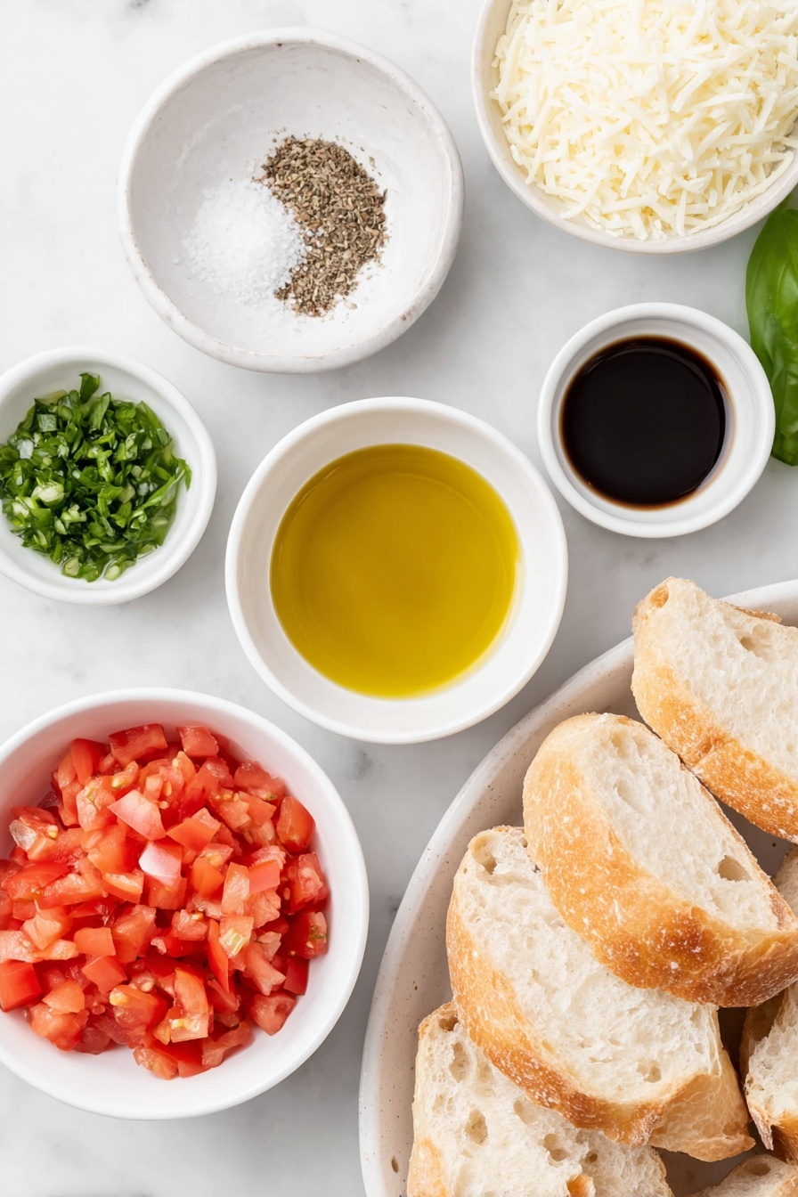 Classic Tomato Bruschetta, Tomato Bruschetta appetizer, easy bruschetta recipe, summer party starters, simple tomato bruschetta - Flat lay of a small white bowl of extra virgin olive oil with minced fresh garlic, a cluster of ripe roma tomatoes diced, a small white bowl of finely shredded parmesan cheese, a small white bowl of balsamic vinegar, a small white bowl of kosher salt, a small white bowl of freshly ground black pepper, a small pile of chopped basil ribbons, and a neat stack of thick slices of hearty French bread arranged in a simple white ceramic plate, placed on a clean white marble surface, soft natural light, photo taken with an iPhone, professional food photography style, fresh ingredients, white ceramic bowls, no bottles, no duplicates, no utensils, no packaging --ar 2:3 --v 7 --p m7354615311229779997