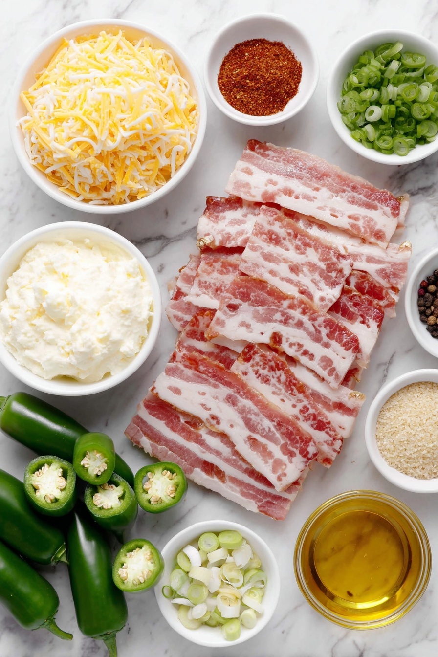 Baked Jalapeno Poppers with Bacon and Cheese, jalapeno poppers, bacon stuffed jalapenos, spicy appetizer recipes, easy party snacks - Flat lay of fresh halved jalapeno peppers with seeds removed, a small white ceramic bowl of softened cream cheese, a small white bowl filled with shredded Monterey Jack cheese, six cooked and finely chopped bacon slices arranged neatly, a few sprigs of bright green thinly sliced green onions, a small white bowl of finely chopped fresh cilantro, one fresh garlic clove minced, a pinch of coarse salt and whole black peppercorns scattered for visual texture, a small white bowl with panko bread crumbs, a small white bowl with chili powder, and a small white bowl containing golden olive oil, all ingredients displayed with perfect symmetry on a clean white marble surface, soft natural light, photo taken with an iPhone, professional food photography style, fresh ingredients, white ceramic bowls, no bottles, no duplicates, no utensils, no packaging --ar 2:3 --v 7 --p m7354615311229779997