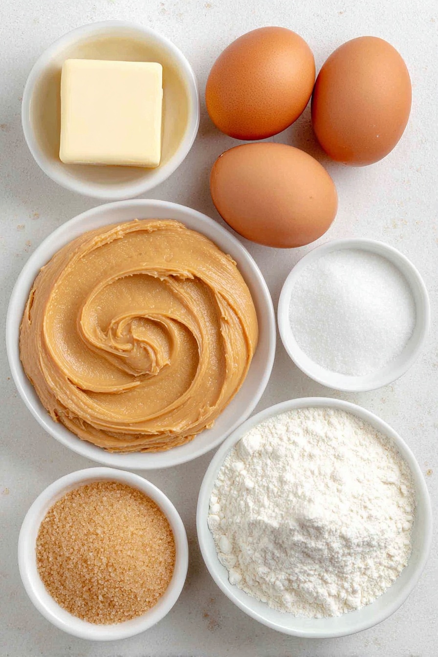 Easy Soft Peanut Butter Cookies, soft peanut butter cookies, homemade peanut butter cookies, simple peanut butter cookie recipe, quick peanut butter treats - Flat lay of a smooth oval swirl of creamy peanut butter, a small heap of light brown sugar crystals, a small heap of white granulated sugar, a softened cube of unsalted butter with a knife-smooth texture, two large whole eggs with clean light brown shells, a small white ceramic bowl with fine white all-purpose flour, and three small white ceramic bowls containing baking soda, baking powder, and a golden vanilla extract liquid, all arranged symmetrically on a clean white marble surface, soft natural light, photo taken with an iPhone, professional food photography style, fresh ingredients, white ceramic bowls, no bottles, no duplicates, no utensils, no packaging --ar 2:3 --v 7 --p m7354615311229779997