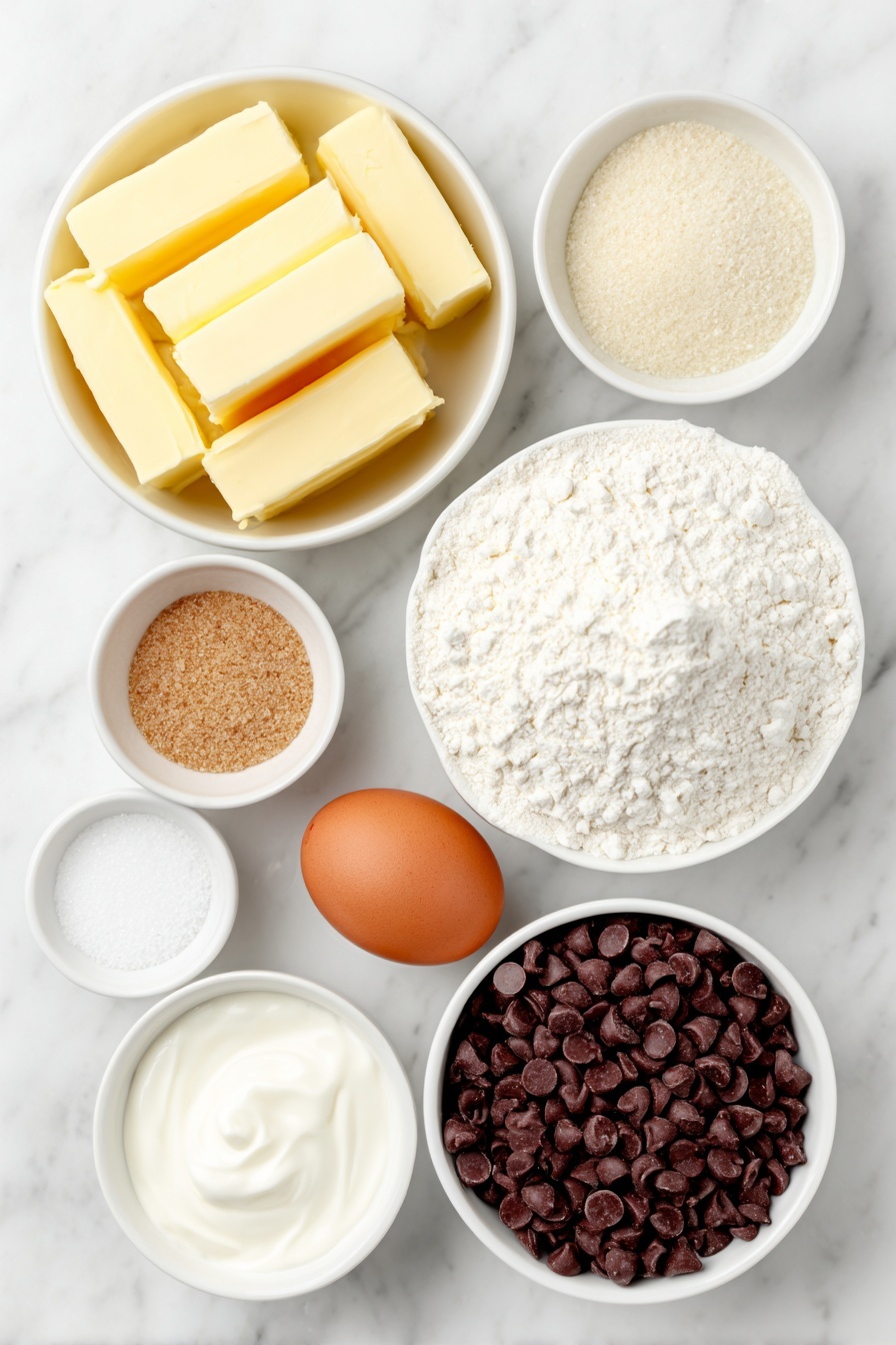 Brown Butter Chocolate Chip Cookies, best chocolate chip cookies, easy cookie recipes, homemade cookies with brown butter, crispy and chewy cookies - Flat lay of a few pieces of unsalted butter in a simple white ceramic bowl, a small white bowl filled with all-purpose flour, a tiny white bowl with coarse sea salt, a small white bowl with light brown sugar, a small white bowl with granulated sugar, one large whole uncracked brown egg, one whole uncracked egg yolk separated but unbroken on a white ceramic dish, a small white bowl containing plain Greek yogurt, a small white bowl with jumbo semisweet chocolate chips, and a small white bowl with vanilla extract, all arranged symmetrically on a clean white marble surface, soft natural light, photo taken with an iPhone, professional food photography style, fresh ingredients, white ceramic bowls, no bottles, no duplicates, no utensils, no packaging --ar 2:3 --v 7 --p m7354615311229779997