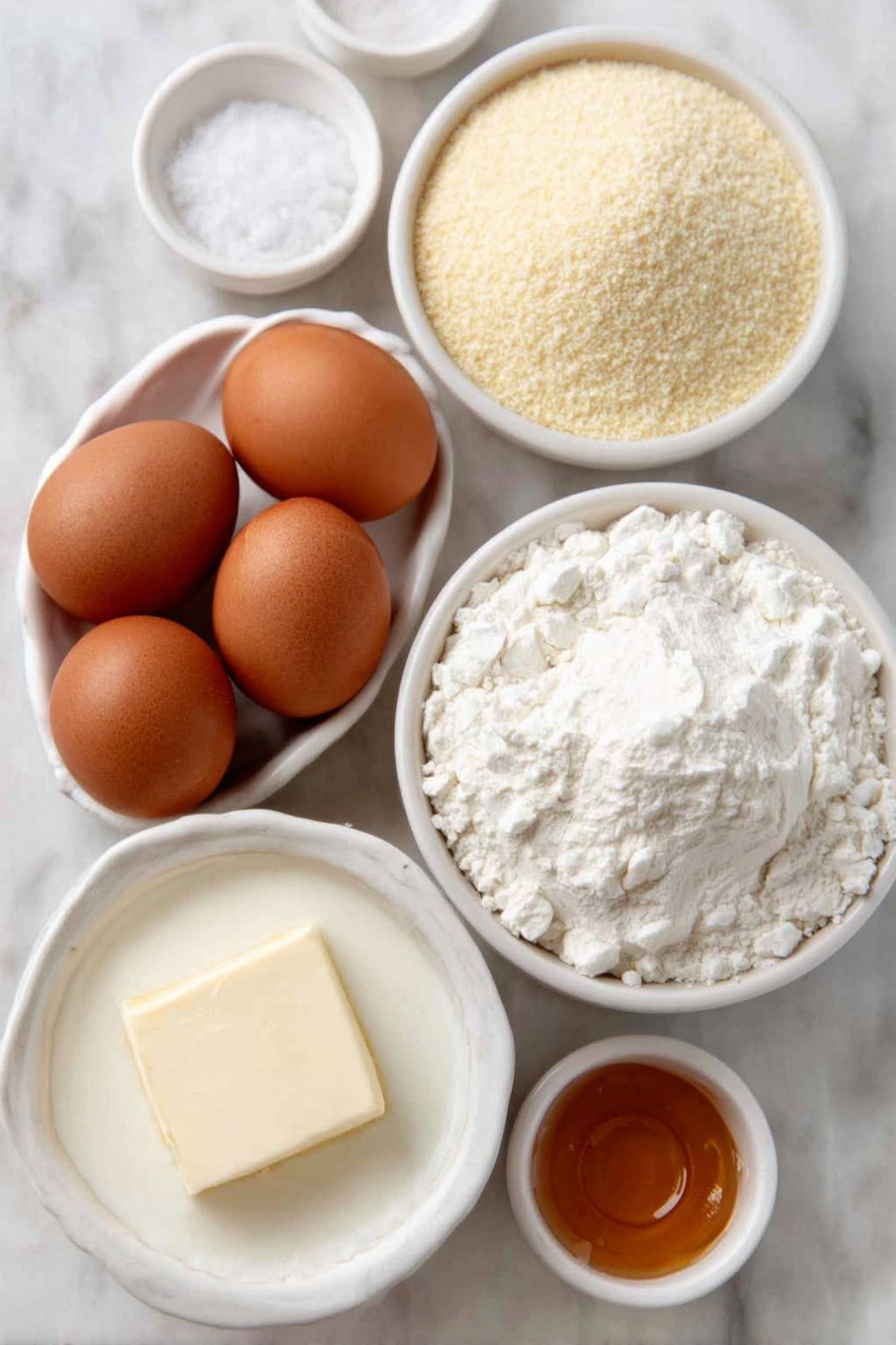 Cast Iron Honey Spoon Bread, honey spoon bread recipe, rustic spoon bread, fluffy sweet cornmeal bread, easy breakfast casserole - Flat lay of a small pat of unsalted butter on a white ceramic dish, a simple white ceramic bowl filled with creamy whole milk, a white ceramic bowl with fine yellow cornmeal, two whole brown eggs and two whole white eggs arranged together, a few golden teaspoons of honey in a small white bowl, a small white bowl with white baking powder, a small white bowl containing white salt crystals, all ingredients fresh and natural, perfectly symmetrical balanced layout, placed on a clean white marble surface, soft natural light, photo taken with an iPhone, professional food photography style, fresh ingredients, white ceramic bowls, no bottles, no duplicates, no utensils, no packaging --ar 2:3 --v 7 --p m7354615311229779997