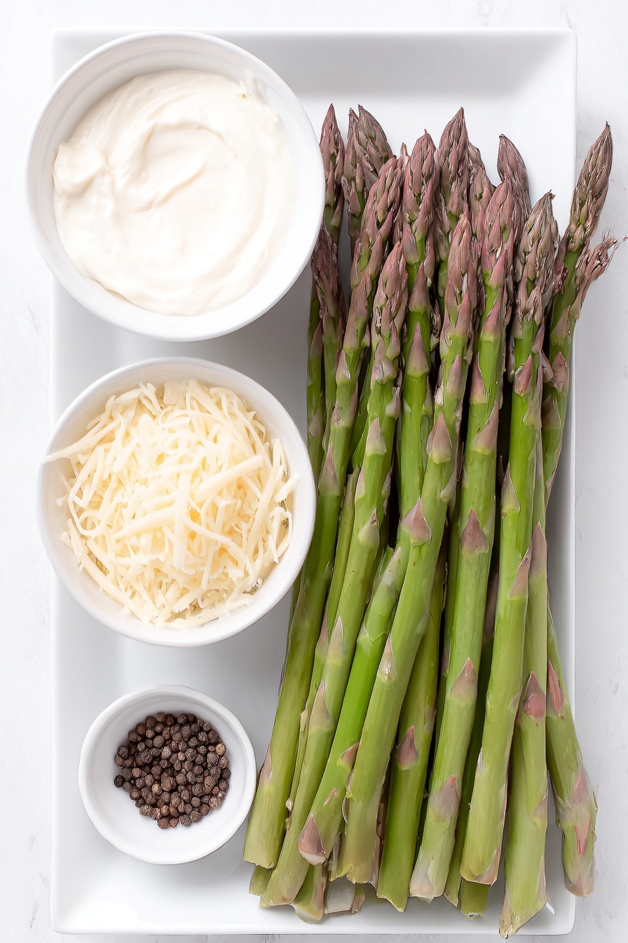 Cheesy Baked Asparagus, baked asparagus with cheese, easy asparagus side dish, healthy cheesy asparagus, simple asparagus recipes - Flat lay of two bunches of fresh green asparagus, a small white bowl of heavy whipping cream, a small white bowl of shredded Monterey Jack cheese, a small white bowl of grated Parmesan cheese, and a small white bowl containing coarse salt and whole black peppercorns, arranged in perfect symmetry on a clean white ceramic plate and bowls, placed on a clean white marble surface, soft natural light, photo taken with an iPhone, professional food photography style, fresh ingredients, white ceramic bowls, no bottles, no duplicates, no utensils, no packaging --ar 2:3 --v 7 --p m7354615311229779997