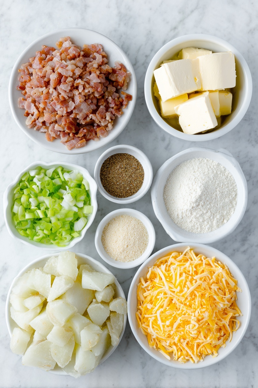 Crock Pot Bacon Potato Soup, easy bacon potato soup, creamy slow cooker potato soup, comforting bacon potato chowder, hearty potato and bacon soup - Flat lay of a small pile of chopped cooked bacon pieces, a mound of frozen diced potatoes with a frosty texture, a simple white ceramic bowl filled with clear golden chicken broth, a small white bowl containing creamy cubed cream cheese, a small white bowl with fine pale ranch dressing powder, a small white bowl holding ground black pepper, a small white bowl with light beige onion powder, a small mound of shredded sharp cheddar cheese, a small white bowl holding creamy half and half, and fresh chopped green onions arranged neatly, all placed on a clean white marble surface, soft natural light, photo taken with an iPhone, professional food photography style, fresh ingredients, white ceramic bowls, no bottles, no duplicates, no utensils, no packaging --ar 2:3 --v 7 --p m7354615311229779997