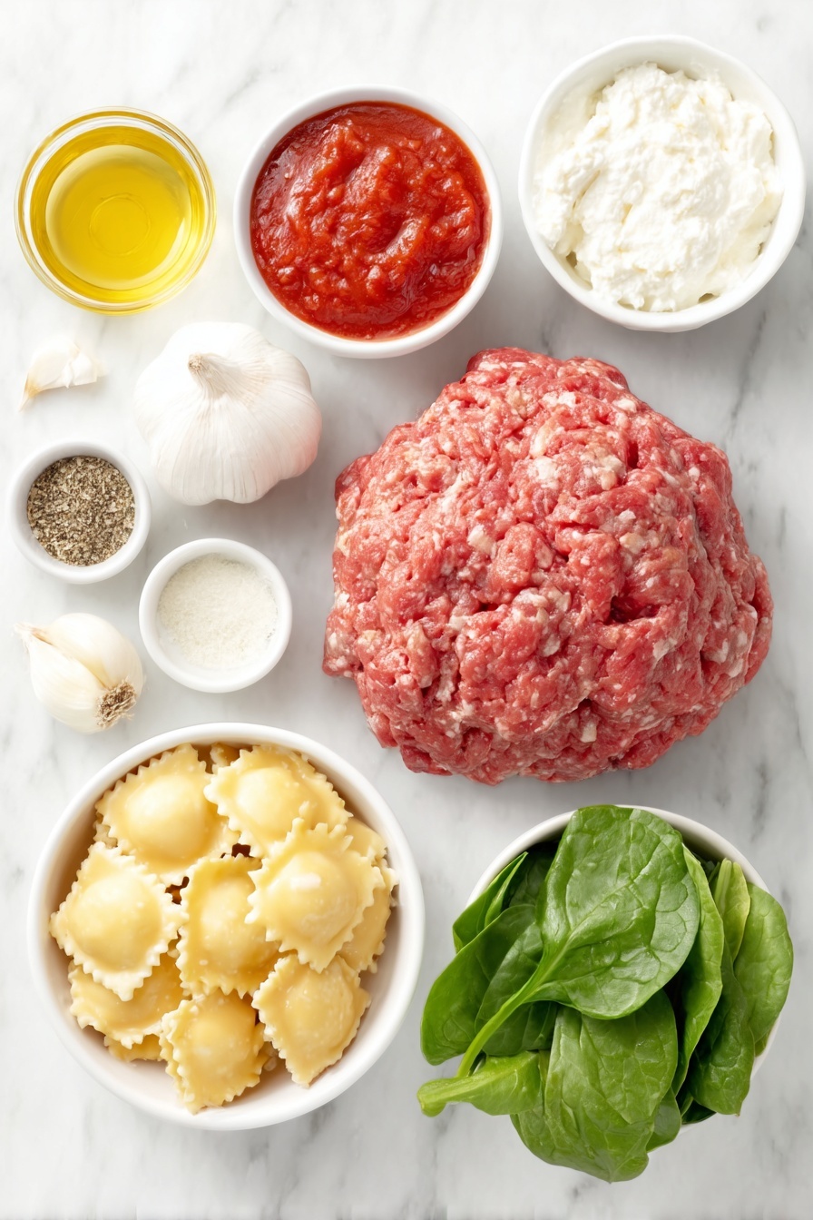 Cheesy Ravioli Soup with Spinach, Italian ravioli soup, easy cheesy ravioli soup, comfort food ravioli recipe, quick spinach ravioli soup - Flat lay of a fresh, uncooked mound of ground Italian sausage, a small pile of diced white onion, two whole uncracked garlic bulbs, a small white ceramic bowl of dried Italian seasoning herbs, a small white ceramic bowl with smooth red tomato paste, a simple white ceramic bowl filled with golden chicken broth, a large white ceramic bowl with crushed fresh red tomatoes, a portion of frozen cheese ravioli pasta neatly arranged, a small white ceramic bowl of creamy heavy cream, a small white ceramic bowl heaped with freshly grated parmesan cheese, a fresh bunch of vibrant baby spinach leaves, and a small white ceramic bowl containing creamy white ricotta cheese, all perfectly symmetrically arranged and placed on a clean white marble surface, soft natural light, photo taken with an iPhone, professional food photography style, fresh ingredients, white ceramic bowls, no bottles, no duplicates, no utensils, no packaging --ar 2:3 --v 7 --p m7354615311229779997