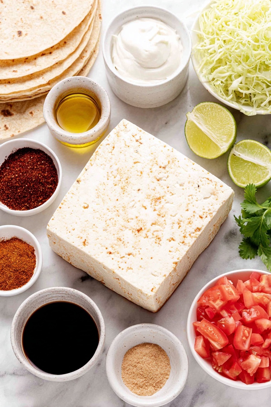 Vegan Tofu Tacos with Spicy Seasoning, vegan tofu tacos, spicy tofu taco recipe, plant-based tacos, vegan taco dinner - Flat lay of a large block of firm tofu, a small white bowl of golden olive oil, a small white bowl of dark soy sauce, a small white bowl filled with finely minced fresh garlic, small white bowls each containing bright red chili powder, deep reddish-brown ancho chili powder, warm brown ground cumin, rich smoky paprika, pale beige ground coriander, bright red cayenne pepper powder, a halved fresh lime showing juicy pulp, a stack of several warm corn tortillas, a small pile of thinly shredded green cabbage, half an avocado sliced showing creamy green flesh, vibrant diced roma tomatoes, a small bunch of fresh cilantro sprigs, a small white bowl of shredded vegan cheddar cheese, and a small white bowl of creamy vegan sour cream placed on a clean white marble surface, soft natural light, photo taken with an iPhone, professional food photography style, fresh ingredients, white ceramic bowls, no bottles, no duplicates, no utensils, no packaging --ar 2:3 --v 7 --p m7354615311229779997