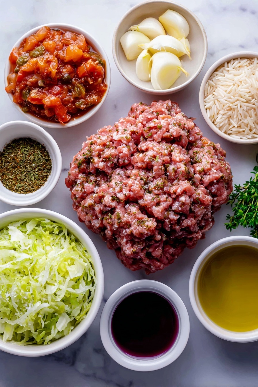 Unstuffed Cabbage Rolls with Ground Beef, cabbage roll skillet, easy stuffed cabbage recipe, one-pan comfort food, savory ground beef cabbage dish - Flat lay of a small white ceramic bowl of golden olive oil, one small yellow onion chopped into pieces, three peeled garlic cloves, a mound of fresh lean ground beef, a small white bowl of bright red diced tomatoes, a small white bowl of smooth tomato sauce, a small white bowl of clear chicken broth, a heap of chopped fresh green cabbage, a small white bowl of brown sugar, a small white bowl of deep red red wine vinegar, fresh green parsley sprigs, a small white bowl of dried paprika powder, a small white bowl of dried thyme, a small white bowl of dried marjoram, a portion of cooked light brown rice all placed on a clean white marble surface, soft natural light, photo taken with an iPhone, professional food photography style, fresh ingredients, white ceramic bowls, no bottles, no duplicates, no utensils, no packaging --ar 2:3 --v 7 --p m7354615311229779997