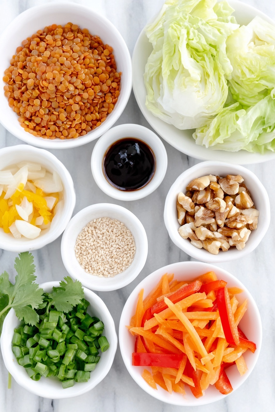 Asian Lentil Lettuce Wraps, healthy Asian lettuce wraps, vegan lentil wraps, quick vegetarian appetizer, flavorful lettuce wraps - Flat lay of a small mound of rinsed red lentils, a few fresh red bell pepper pieces, finely chopped yellow onion, a small pile of matchstick-cut carrots, minced garlic cloves, peeled and minced fresh ginger root, a small white bowl of dark hoisin sauce, a small white bowl of soy sauce, a small white bowl of rice vinegar, a small white bowl of sesame oil, chopped water chestnuts, chopped walnuts, chopped green onions, fresh cilantro sprigs, sesame seeds scattered neatly, and a few separated crisp iceberg lettuce leaves, all arranged symmetrically on simple white ceramic dishes and bowls, placed on a clean white marble surface, soft natural light, photo taken with an iPhone, professional food photography style, fresh ingredients, white ceramic bowls, no bottles, no duplicates, no utensils, no packaging --ar 2:3 --v 7 --p m7354615311229779997