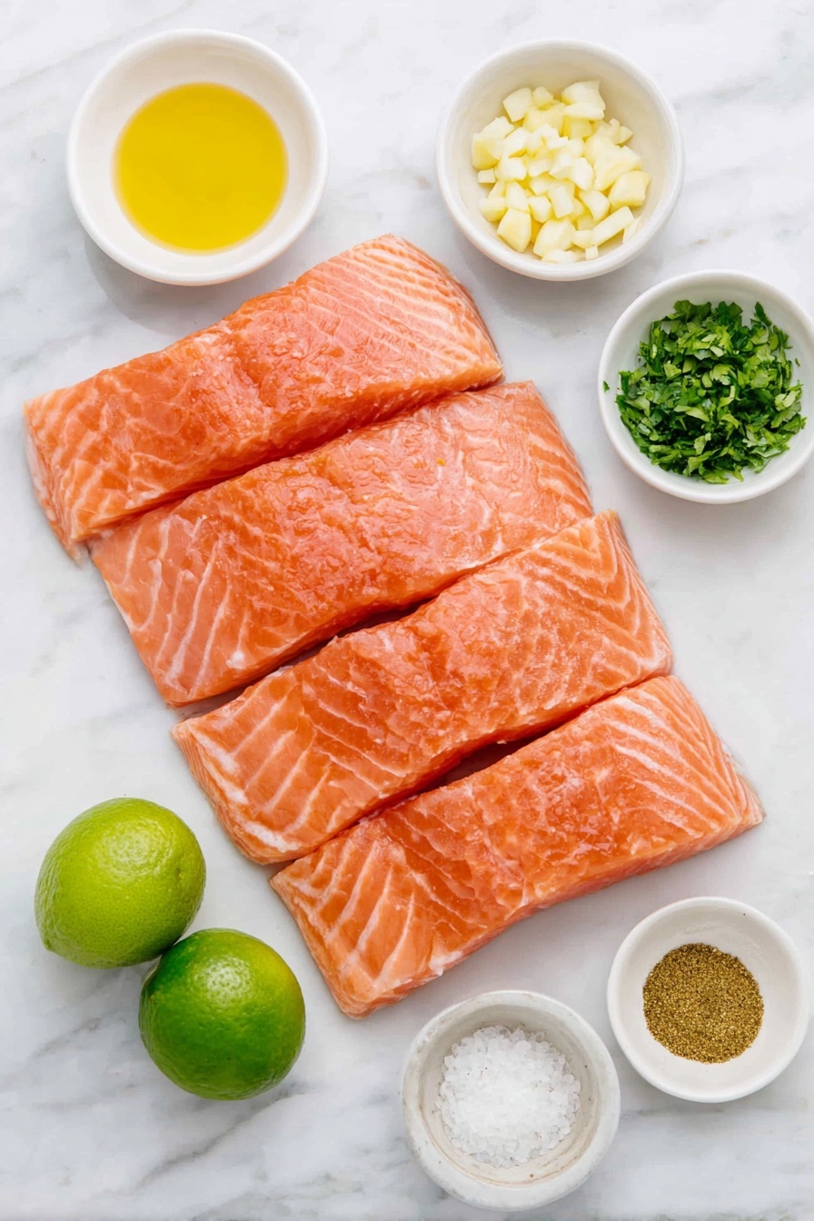 Broiled Lime Honey Salmon, citrus honey glazed salmon, quick healthy salmon dinner, easy broiled salmon recipe, flavorful salmon mains - Flat lay of four raw skinless salmon fillets with a vibrant pink-orange color, a small white bowl of light olive oil, a small white bowl of golden honey, two whole fresh limes—one halved showing juicy green segments and one with bright green zest, a small white bowl of minced garlic cloves, a small white bowl of coarse salt, a small white bowl of freshly ground black pepper, a small white bowl containing ground cumin powder, a small white bowl of ground coriander powder, and a few sprigs of fresh chopped cilantro arranged neatly, all placed on a clean white marble surface, soft natural light, photo taken with an iPhone, professional food photography style, fresh ingredients, white ceramic bowls, no bottles, no duplicates, no utensils, no packaging --ar 2:3 --v 7 --p m7354615311229779997