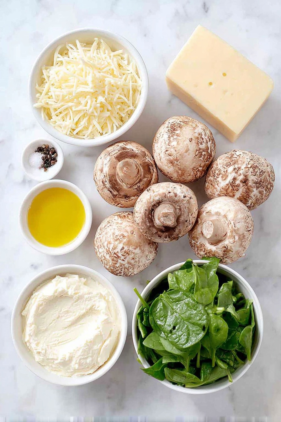 Cheesy Stuffed Mushrooms, stuffed mushroom appetizers, cheesy mushroom recipe, baked stuffed mushrooms, easy mushroom starters - Flat lay of large fresh cremini mushrooms cleaned with stems removed arranged in a cluster, a handful of vibrant green thawed spinach leaves gently piled in a simple white ceramic bowl, a small white bowl filled with softened cream cheese with a smooth creamy texture, another small white bowl containing finely shredded pale yellow parmesan cheese, a small white bowl holding finely shredded white mozzarella cheese, a single large garlic clove unpeeled beside a few loose black peppercorns and coarse salt crystals, a small white bowl with golden panko bread crumbs, a small white bowl with glossy olive oil, placed on a clean white marble surface, soft natural light, photo taken with an iPhone, professional food photography style, fresh ingredients, white ceramic bowls, no bottles, no duplicates, no utensils, no packaging --ar 2:3 --v 7 --p m7354615311229779997