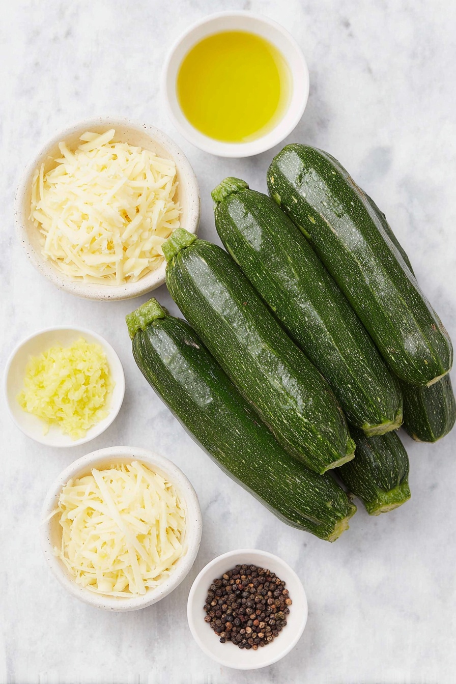 Garlic Lemon Parmesan Roasted Zucchini, roasted zucchini with garlic and lemon, easy vegetable side dish, healthy zucchini recipes, flavorful zucchini sides - Flat lay of fresh whole small zucchini, a small white bowl with golden olive oil, a small white bowl with finely minced fresh garlic, a small white bowl with bright yellow lemon zest, a small white bowl heaped with finely shredded pale parmesan cheese, a small white bowl with coarse sea salt, a small white bowl with freshly ground black peppercorns, all arranged in perfect symmetry on a clean white ceramic surface placed on a clean white marble surface, soft natural light, photo taken with an iPhone, professional food photography style, fresh ingredients, white ceramic bowls, no bottles, no duplicates, no utensils, no packaging --ar 2:3 --v 7 --p m7354615311229779997