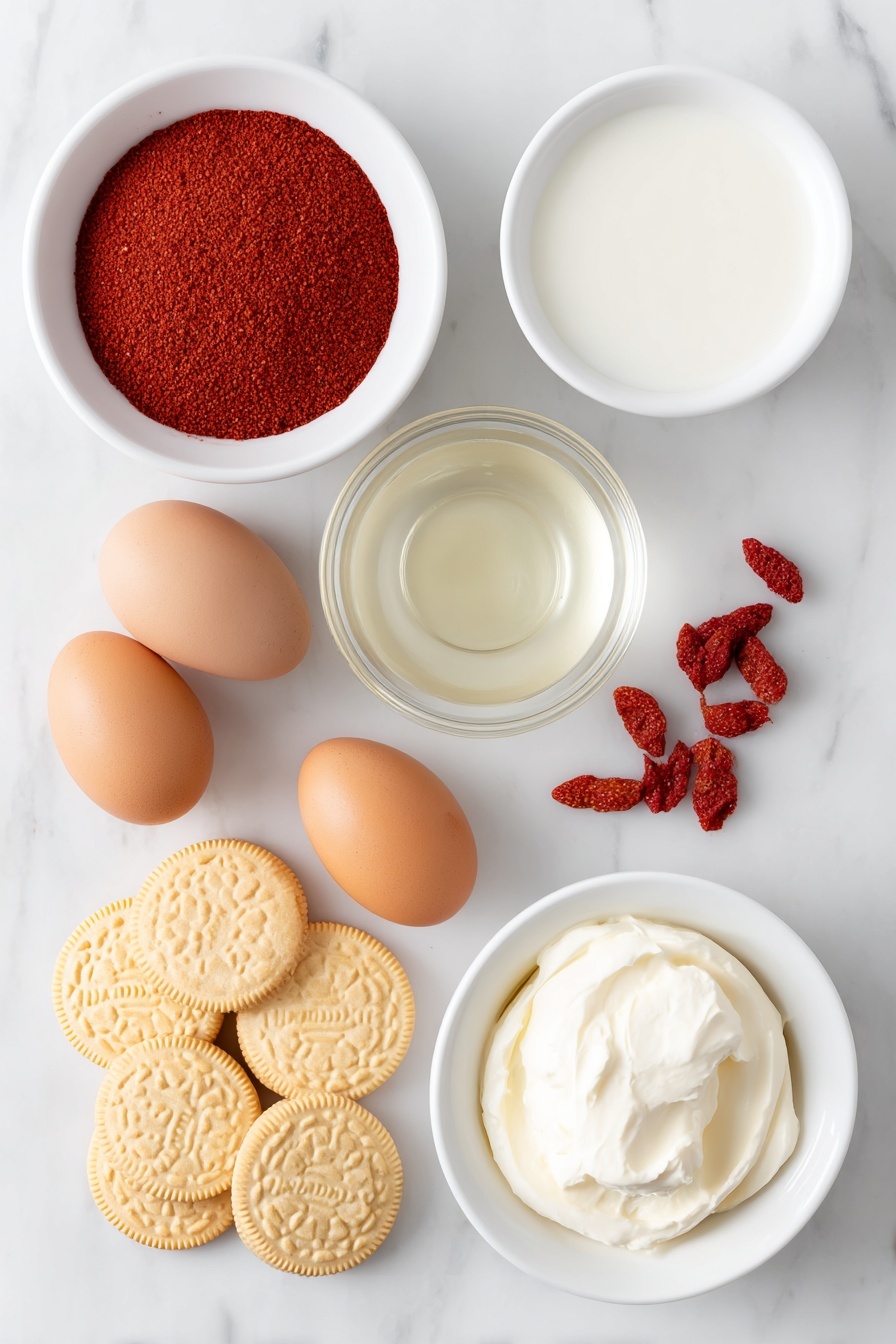 Strawberry Crunch Cake, strawberry dessert, quick strawberry cake, no-bake strawberry dessert, fruit crunch cake - Flat lay of a small white ceramic bowl filled with bright red strawberry jello powder, four whole brown eggs with clean shells neatly arranged, a small white ceramic bowl holding clear vegetable oil, a small white ceramic bowl of fresh milk, a simple white ceramic plate displaying a dozen whole golden Oreos with no filling arranged in a perfect circle, a handful of vivid red freeze-dried strawberries scattered naturally next to the Oreos, and a small white ceramic bowl of smooth cream cheese, all placed evenly spaced on a clean white marble surface, soft natural light, photo taken with an iPhone, professional food photography style, fresh ingredients, white ceramic bowls, no bottles, no duplicates, no utensils, no packaging --ar 2:3 --v 7 --p m7354615311229779997