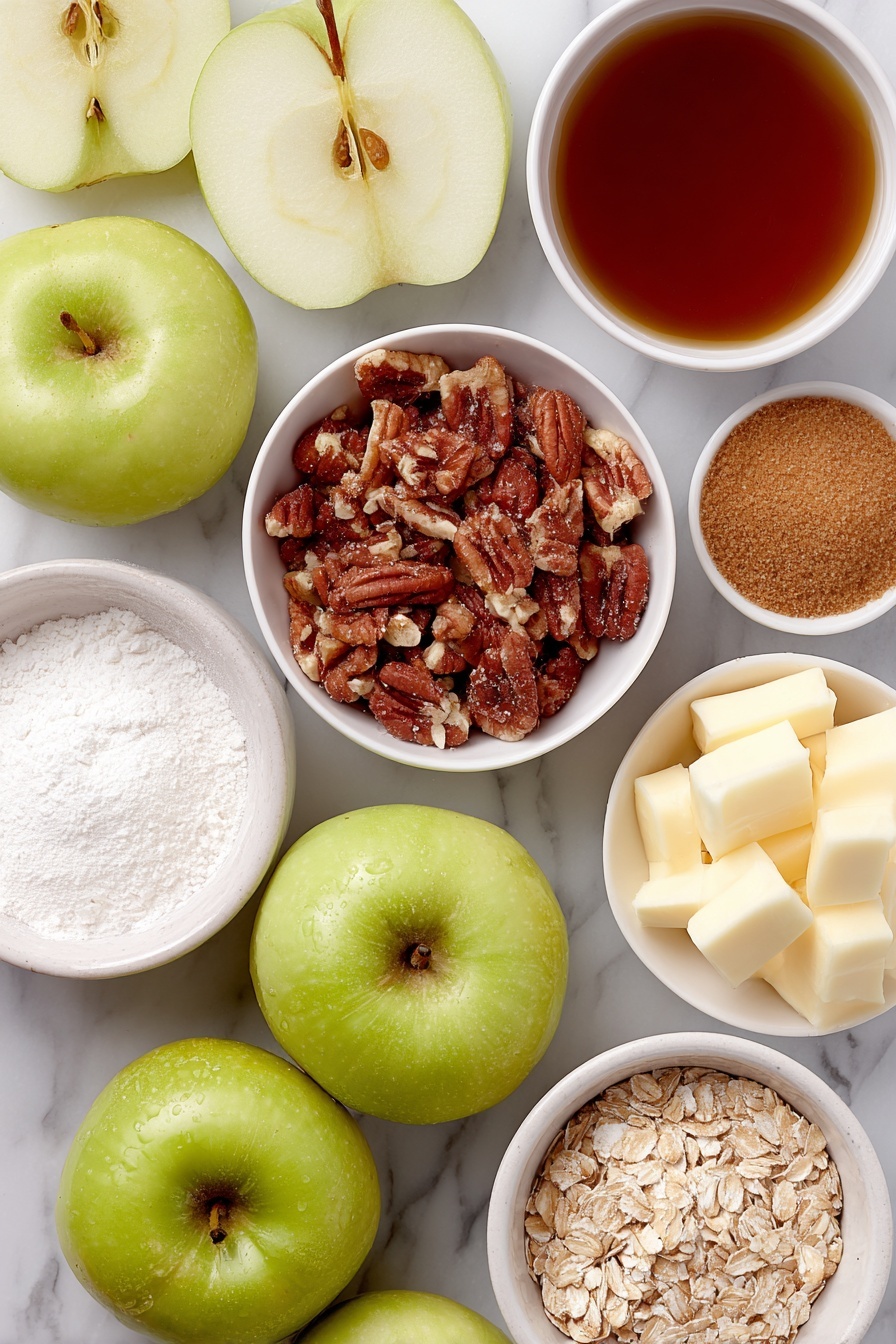 Apple Pecan Crisp, apple pecan crisp, easy apple dessert, fall dessert recipes, crunchy apple crumble - Flat lay of peeled and sliced Granny Smith apples arranged neatly next to a small white bowl of lemon juice, a small white bowl filled with golden brown sugar, a small white bowl of fine white flour, a small white bowl with ground cinnamon, a small white bowl holding ground cardamom, a small white bowl containing ground ginger, a simple white ceramic bowl with chopped salted pecans, a small white bowl with old fashioned oats, a small white bowl containing cold cubed butter, and a small white bowl of ground nutmeg, all placed on a clean white marble surface, soft natural light, photo taken with an iPhone, professional food photography style, fresh ingredients, white ceramic bowls, no bottles, no duplicates, no utensils, no packaging --ar 2:3 --v 7 --p m7354615311229779997