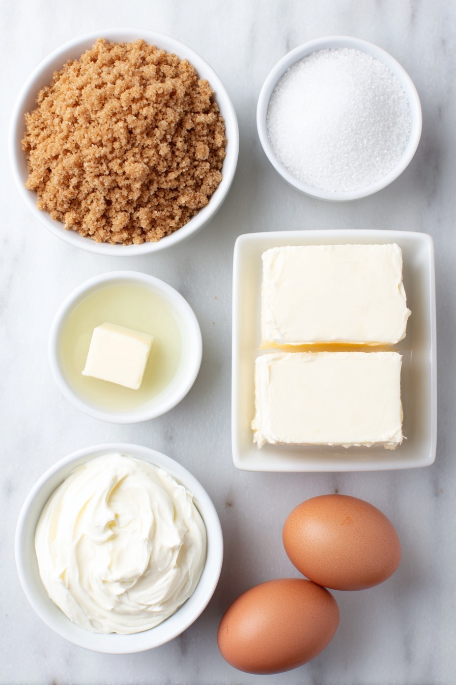 Mini Cheesecake Bites, Mini Cheesecake Bites Recipe, Easy Cheesecake Bites, No-Bake Cheesecake Bites, Party Dessert Ideas - Flat lay of a small white ceramic bowl filled with golden graham cracker crumbs, a few tablespoons of melted butter in a small white ceramic bowl, a small white ceramic bowl holding granulated white sugar, two blocks of smooth cream cheese with soft edges, a small white ceramic bowl of thick sour cream, a small white ceramic bowl with a pale yellow lemon juice, a small white ceramic bowl containing clear vanilla extract, two large whole uncracked brown eggs placed side by side, all arranged symmetrically on a clean white marble surface, soft natural light, photo taken with an iPhone, professional food photography style, fresh ingredients, white ceramic bowls, no bottles, no duplicates, no utensils, no packaging --ar 2:3 --v 7 --p m7354615311229779997