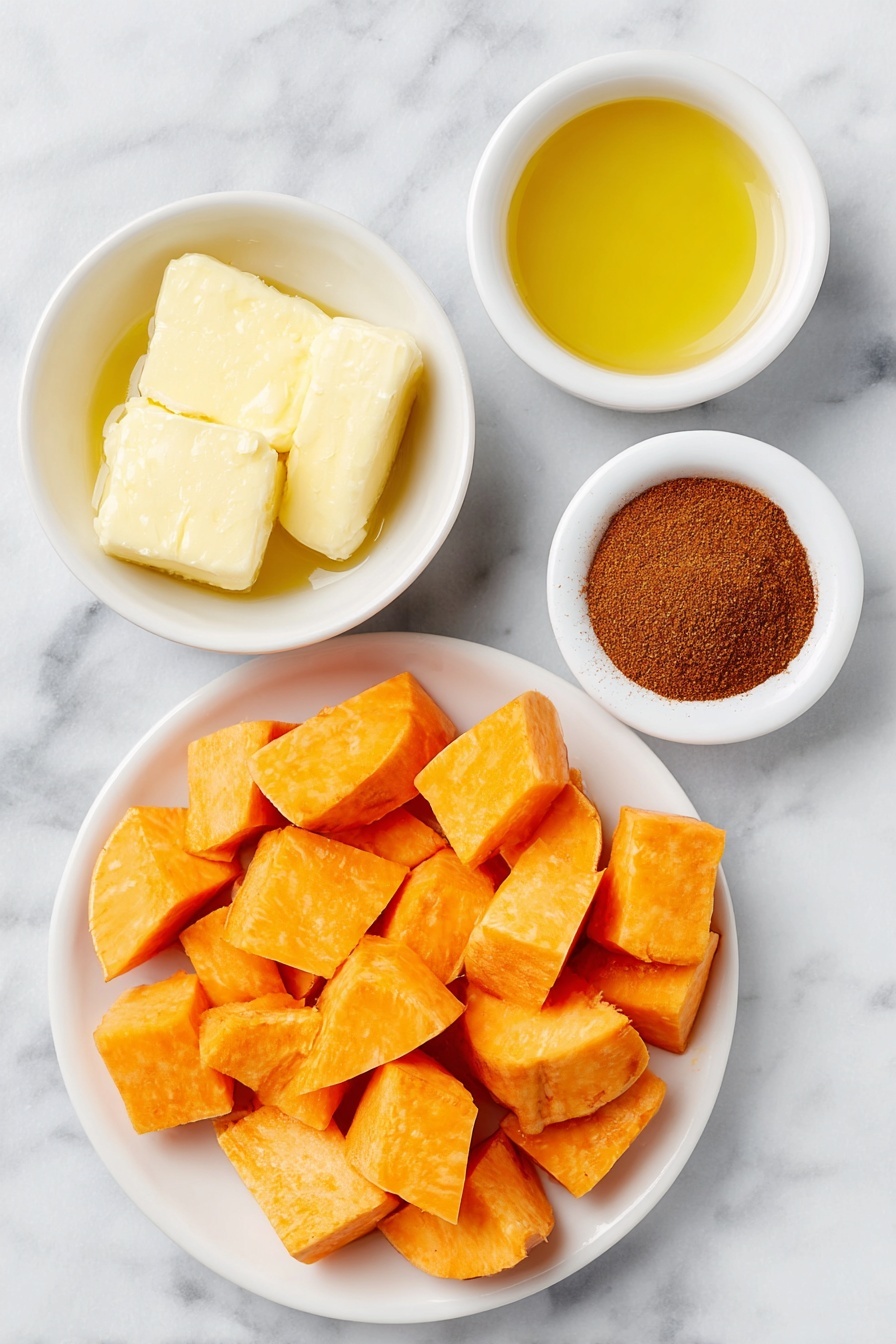 Honey Cinnamon Roasted Sweet Potatoes, roasted sweet potatoes, sweet potato side dish, cinnamon sweet potatoes, honey glazed sweet potatoes - Flat lay of peeled and diced bright orange sweet potatoes, a small white bowl with melted golden butter, a small white bowl filled with amber honey, a small white bowl holding warm brown cinnamon powder, all arranged in perfect symmetry on a clean white ceramic surface placed on a clean white marble surface, soft natural light, photo taken with an iPhone, professional food photography style, fresh ingredients, white ceramic bowls, no bottles, no duplicates, no utensils, no packaging --ar 2:3 --v 7 --p m7354615311229779997