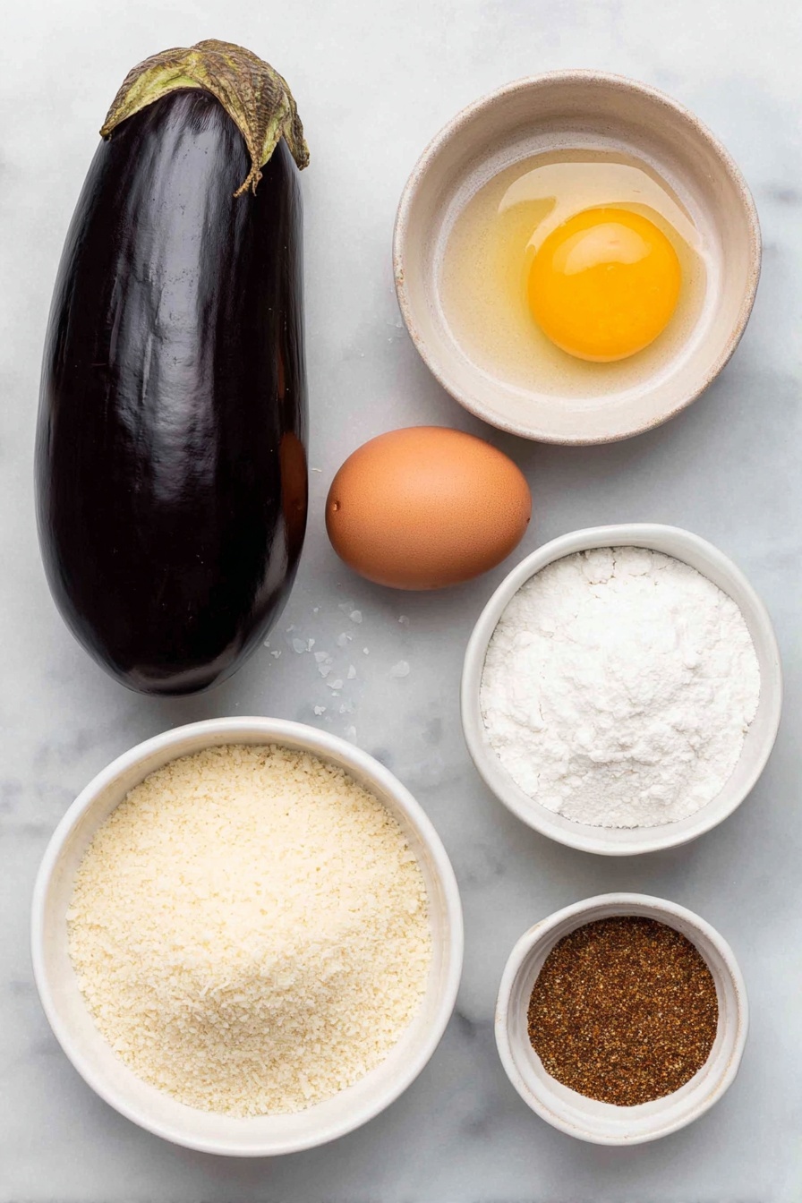 Air Fryer Eggplant Bites, crispy eggplant appetizer, healthy eggplant snack, easy vegetarian appetizer, air fryer veggie recipes - Flat lay of one whole eggplant sliced into rounds, a small pile of kosher salt crystals, one whole uncracked brown egg, a small white ceramic bowl filled with panko breadcrumbs, a small white ceramic bowl of all-purpose flour, a small white ceramic bowl containing mixed Italian seasoning, a small white ceramic bowl with garlic powder, a small white ceramic bowl with grated parmesan cheese placed on a clean white marble surface, soft natural light, photo taken with an iPhone, professional food photography style, fresh ingredients, white ceramic bowls, no bottles, no duplicates, no utensils, no packaging --ar 2:3 --v 7 --p m7354615311229779997