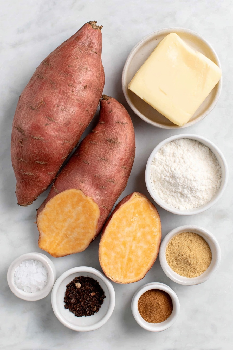 Sweet Candied Yams, candied yams recipe, sweet yam side dish, holiday yams, caramelized yams - Flat lay of fresh whole red garnet yams with vibrant orange flesh showing through one sliced yam, a small square of pale yellow butter, a small white ceramic bowl of dark brown sugar, a small white ceramic bowl of granulated white sugar, a small white ceramic bowl of golden cornstarch powder, ground cinnamon in a small white ceramic bowl, ground nutmeg in a small white ceramic bowl, ground cloves in a small white ceramic bowl, and a small pile of coarse kosher salt all arranged with perfect symmetry in a balanced composition, placed on a clean white marble surface, soft natural light, photo taken with an iPhone, professional food photography style, fresh ingredients, white ceramic bowls, no bottles, no duplicates, no utensils, no packaging --ar 2:3 --v 7 --p m7354615311229779997