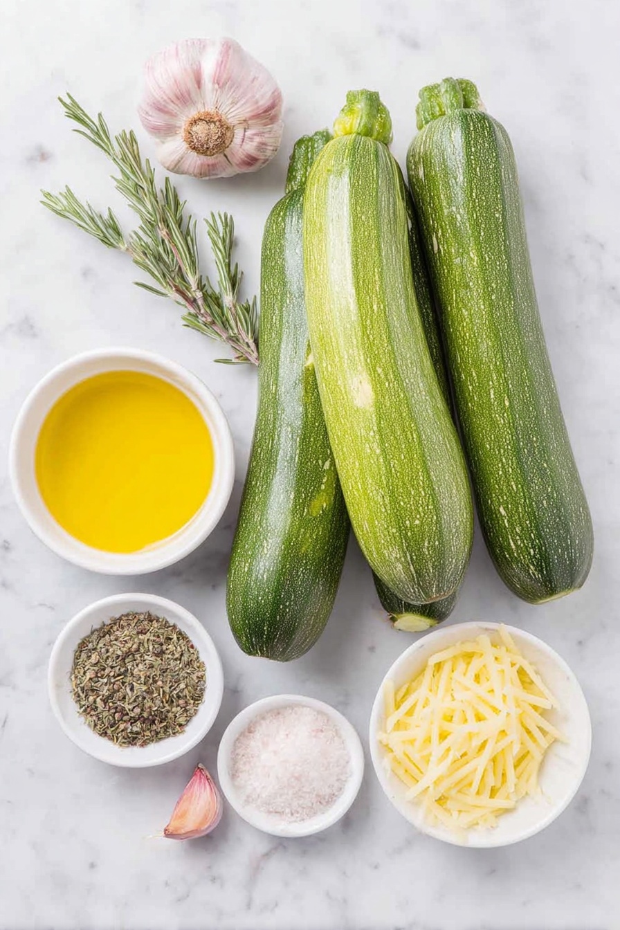 Garlic Parmesan Roasted Zucchini Spears, garlic parmesan zucchini, roasted zucchini side dish, lemon garlic zucchini, easy zucchini recipes - Flat lay of three fresh medium-sized zucchinis whole and uncut, a small white ceramic bowl with golden olive oil, a small white ceramic bowl with bright yellow lemon juice, a few thin strips of freshly grated lemon peel arranged neatly, one whole uncracked garlic clove, a small pile of dried oregano leaves, two small piles of parmesan cheese—one finely grated and one shredded—plus small piles of coarse salt and cracked black pepper, all placed with perfect symmetry on a clean white marble surface, soft natural light, photo taken with an iPhone, professional food photography style, fresh ingredients, white ceramic bowls, no bottles, no duplicates, no utensils, no packaging --ar 2:3 --v 7 --p m7354615311229779997