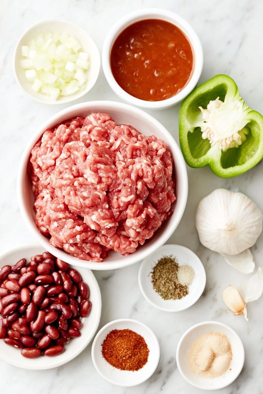 Best Ever Beef Chili, hearty beef chili, easy chili recipe, homemade beef chili, flavorful chili - Flat lay of fresh lean ground beef in a white ceramic bowl, a small diced yellow onion on a white plate, a diced green bell pepper on a white plate, two whole garlic cloves, two small white ceramic bowls—one with beef broth and one with smooth tomato sauce, a white plate with bright red diced tomatoes, a white plate holding drained pinto beans, another white plate with drained kidney beans, small white bowls each containing chili powder, dried oregano, ground cumin, ground coriander, salt, black pepper, and cayenne powder arranged symmetrically, all ingredients fresh and natural, placed on a clean white marble surface, soft natural light, photo taken with an iPhone, professional food photography style, fresh ingredients, white ceramic bowls, no bottles, no duplicates, no utensils, no packaging --ar 2:3 --v 7 --p m7354615311229779997