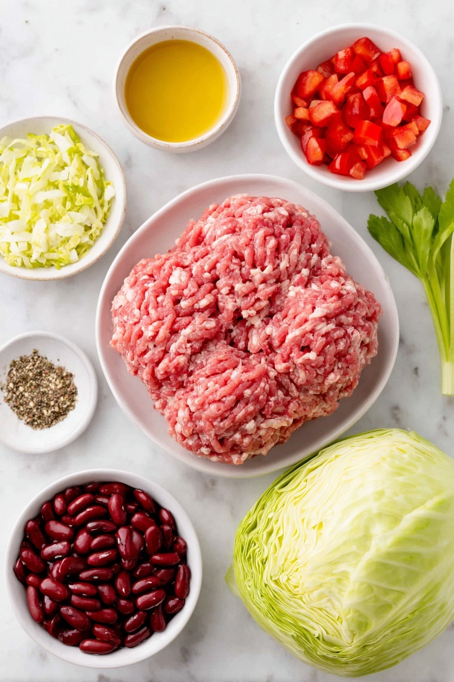 Hearty Beef and Cabbage Soup, beef and cabbage soup, comforting vegetable soup, easy beef soup recipe, nutritious hearty soup - Flat lay of fresh lean ground beef shaped loosely, a small white ceramic bowl filled with golden olive oil, a small white bowl containing finely minced garlic, half a fresh green cabbage chopped into quarters, a simple white bowl with bright red diced tomatoes, two fresh celery stalks with leaves, two peeled and chopped vibrant orange carrots, a small white bowl filled with glossy red kidney beans, a small white bowl holding rich brown beef broth, a small white bowl with mixed dried Italian seasoning herbs, scattered salt and black peppercorns on the white marble surface, all arranged symmetrically and balanced, placed on a clean white marble surface, soft natural light, photo taken with an iPhone, professional food photography style, fresh ingredients, white ceramic bowls, no bottles, no duplicates, no utensils, no packaging --ar 2:3 --v 7 --p m7354615311229779997