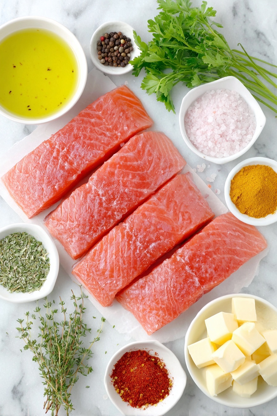 Blackened Salmon with Honey Lime Sauce, Blackened Salmon, Honey Lime Salmon, Easy Salmon Recipes, Flavorful Salmon Dishes - Flat lay of four fresh salmon fillets with smooth pink flesh, a small mound of coarse sea salt crystals, a small heap of freshly ground black peppercorns, a neat pile of paprika powder with deep red hue, a small curve of golden garlic powder, a tiny heap of pale onion powder, a small vibrant mound of bright red cayenne pepper, scattered green dried thyme leaves, a small pile of dried oregano flakes, a small white ceramic bowl filled with light golden olive oil, a small bunch of chopped fresh bright green parsley, a small white ceramic bowl with fresh lime juice showing pale green liquid, a small white ceramic bowl with thick golden honey, a small white ceramic bowl containing clear low-sodium chicken broth, and three pieces of creamy unsalted butter in cubes, all arranged symmetrically on a clean white marble surface, soft natural light, photo taken with an iPhone, professional food photography style, fresh ingredients, white ceramic bowls, no bottles, no duplicates, no utensils, no packaging --ar 2:3 --v 7 --p m7354615311229779997