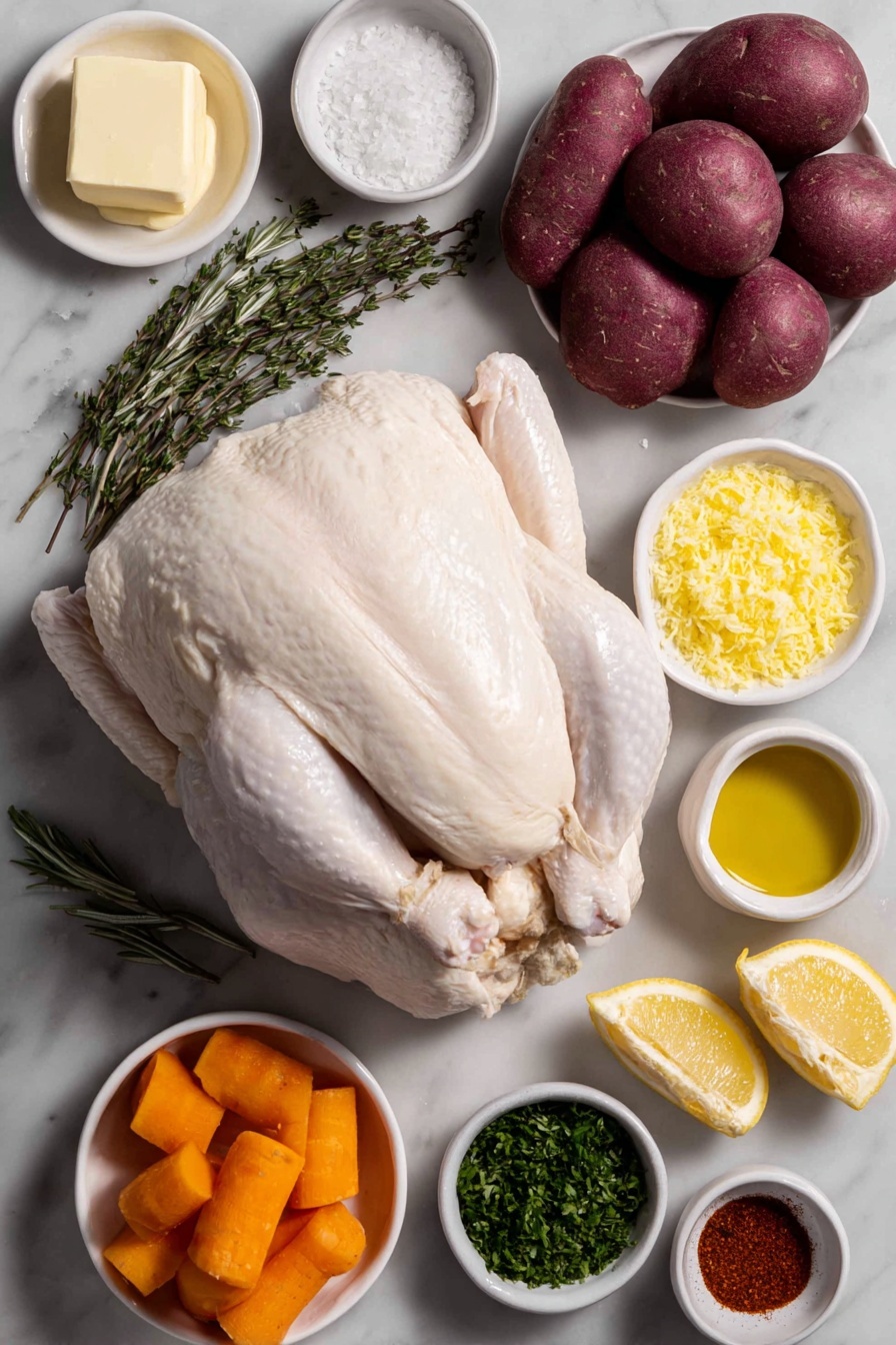 Perfectly Roasted Spatchcock Chicken, spatchcock chicken, roasting chicken, easy roast chicken, juicy chicken recipes - Flat lay of a whole fresh raw chicken with smooth skin, a few sprigs of fresh thyme, sprigs of fresh rosemary, a small white ceramic bowl with softened butter, a small white bowl of finely minced garlic, a small white bowl with bright yellow lemon zest, a few fresh lemon wedges, a small pile of coarse sea salt, freshly ground black peppercorns scattered neatly, a few teaspoons of vibrant red paprika powder, a cluster of red potatoes cut into chunks, peeled orange carrots cut into chunks, a small white bowl of golden olive oil, and a small white bowl of chopped fresh parsley, all arranged symmetrically with perfect proportions in natural lighting, placed on a clean white marble surface, soft natural light, photo taken with an iPhone, professional food photography style, fresh ingredients, white ceramic bowls, no bottles, no duplicates, no utensils, no packaging --ar 2:3 --v 7 --p m7354615311229779997