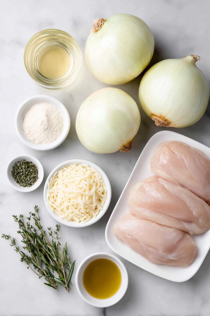 French Onion Chicken Bake, French Onion Chicken, Chicken Bake with Caramelized Onions, Easy French Onion Chicken, Comfort Food Chicken Bake - Flat lay of two large yellow onions halved and thinly sliced, a few small pats of butter on a white ceramic plate, a small white bowl with minced garlic, a small white bowl with fresh rosemary sprigs, a small white bowl with fresh thyme sprigs, a small white bowl filled with pale dry white wine, a small white bowl of low-sodium chicken broth, a small white bowl with a pale cornstarch slurry, four whole uncracked chicken breasts arranged neatly, a small white ceramic dish with a mound of all-purpose flour, a small white bowl with golden olive oil, a small white bowl with shredded Gruyere cheese, a small white bowl with finely shredded Parmesan cheese, all ingredients fresh and natural, balanced and symmetrical layout, placed on a clean white marble surface, soft natural light, photo taken with an iPhone, professional food photography style, fresh ingredients, white ceramic bowls, no bottles, no duplicates, no utensils, no packaging --ar 2:3 --v 7 --p m7354615311229779997