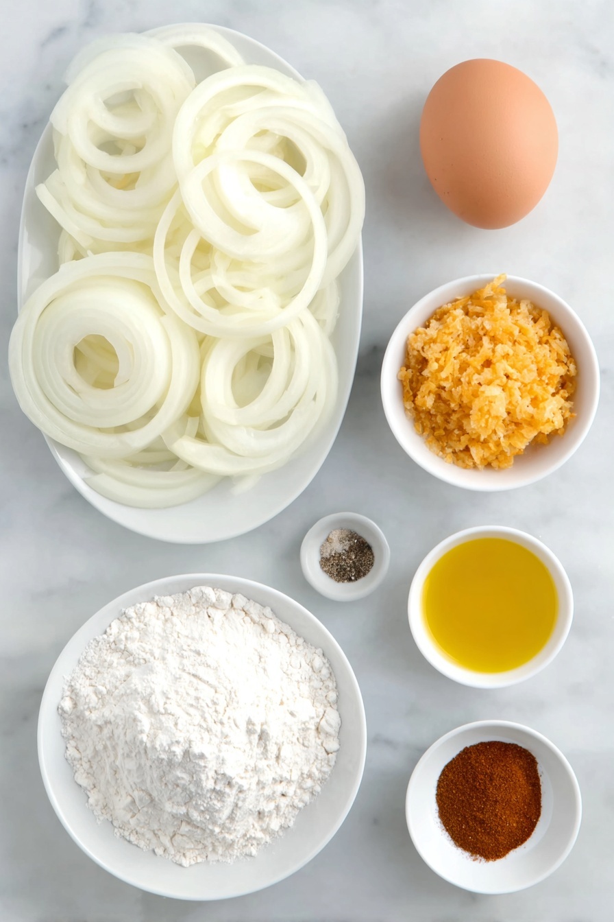 Crispy Baked Onion Rings, baked onion rings recipe, healthy onion rings, crunchy onion rings, homemade onion rings - Flat lay of two large yellow onions sliced into thick rings, a small mound of all-purpose flour on a simple white ceramic plate, a small white bowl of buttermilk, a single large whole uncracked brown egg, a small white bowl filled with golden panko bread crumbs, a small white bowl of vegetable oil, and small white ceramic dishes containing salt, black pepper, garlic powder, paprika, and baking powder arranged symmetrically around the onions, placed on a clean white marble surface, soft natural light, photo taken with an iPhone, professional food photography style, fresh ingredients, white ceramic bowls, no bottles, no duplicates, no utensils, no packaging --ar 2:3 --v 7 --p m7354615311229779997