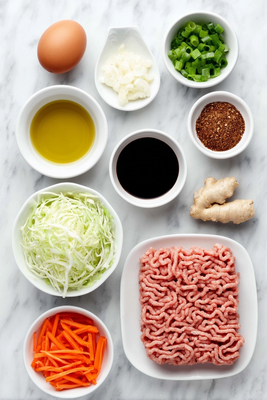 Turkey Egg Rolls with Crispy Filling, turkey egg rolls recipe, healthy egg roll ideas, easy crispy egg rolls, savory turkey appetizer - Flat lay of fresh, uncracked brown egg, a small white ceramic bowl of vegetable oil, a small white ceramic bowl of soy sauce, a small white ceramic bowl of sesame oil, a small white ceramic bowl of minced fresh garlic, a small white ceramic bowl of peeled and minced fresh ginger, a small white ceramic bowl of Chinese five spice powder, a small white ceramic bowl of chopped green onions, a small white ceramic bowl of shredded green cabbage, a small white ceramic bowl of matchstick carrots, a small white ceramic bowl of diced red bell pepper, a simple white ceramic plate holding raw, pink ground turkey, and a neat stack of thin, square, pale yellow egg roll wrappers, all placed on a clean white marble surface, soft natural light, photo taken with an iPhone, professional food photography style, fresh ingredients, white ceramic bowls, no bottles, no duplicates, no utensils, no packaging --ar 2:3 --v 7 --p m7354615311229779997